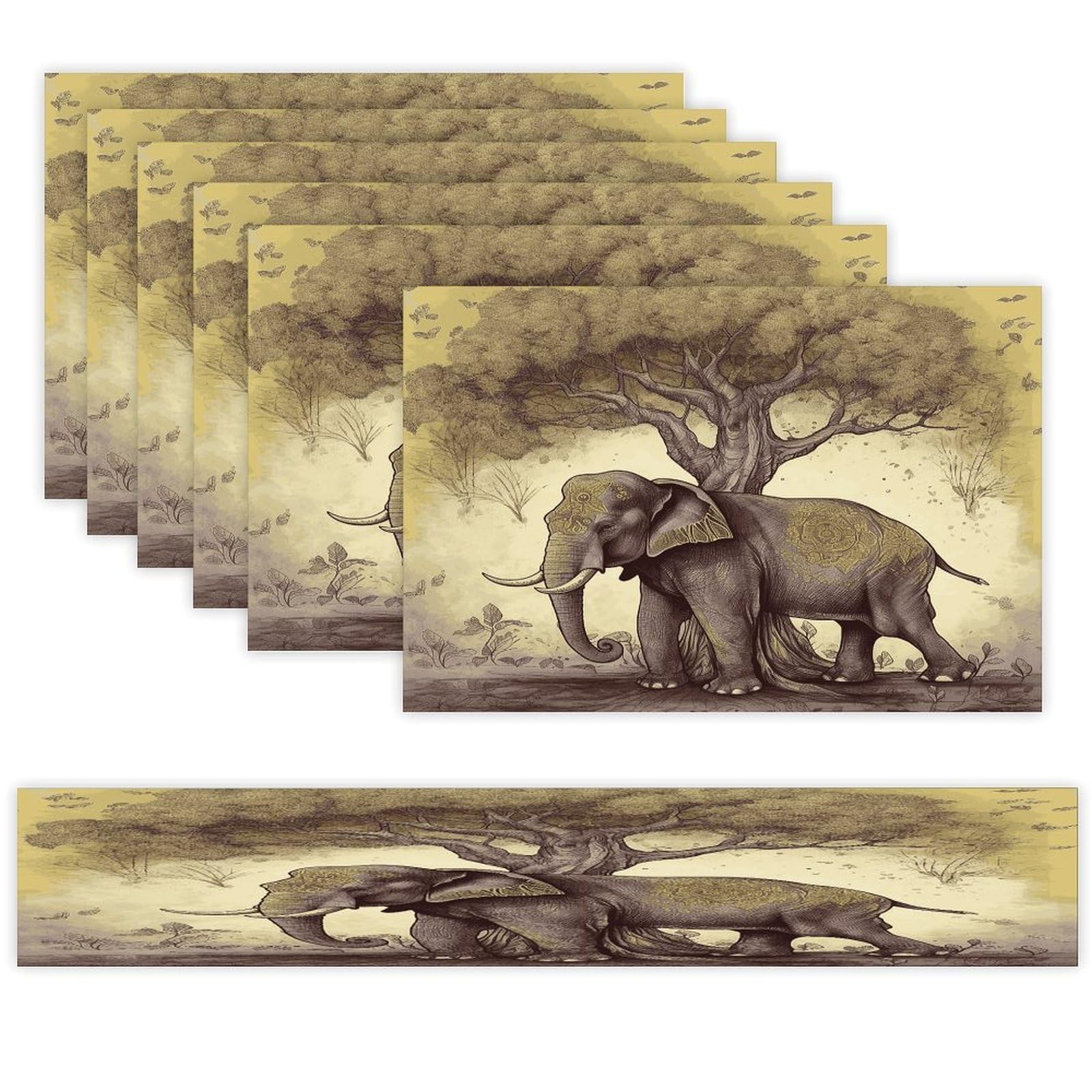 Asian Elephant with Tree Table Runner and Placemats Set of 6 Heat Resistant Table Runner Place Mats Modern Cloth Table Mat Washable Linen Placemat Festive Reusable Set