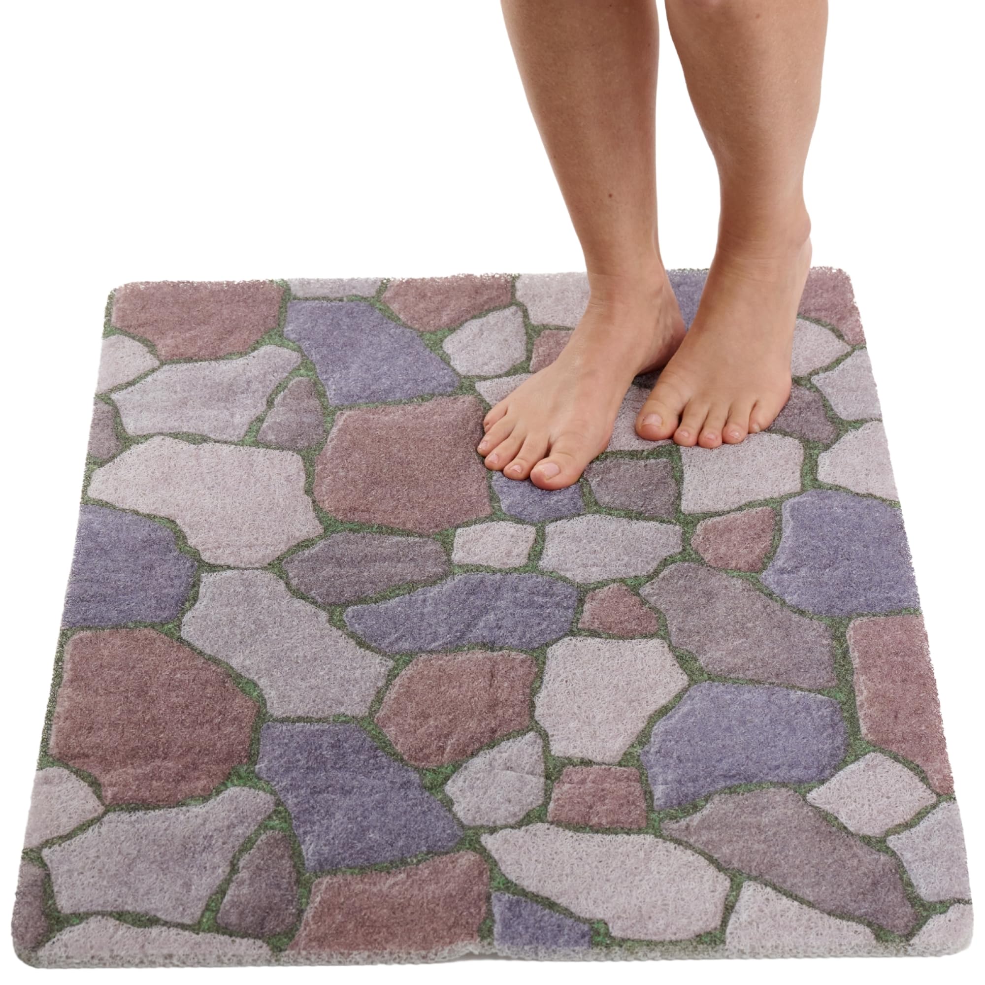 Enkosi Loofah Non-Slip Shower Mat - Shower Floors, Bathtub, Bathrooms, Wet Areas - Cushioned Bath Mat with Drain Holes - Quick Dry PVC, Secure Safety Pad Without Suction Cups (32x24 Stone Path)