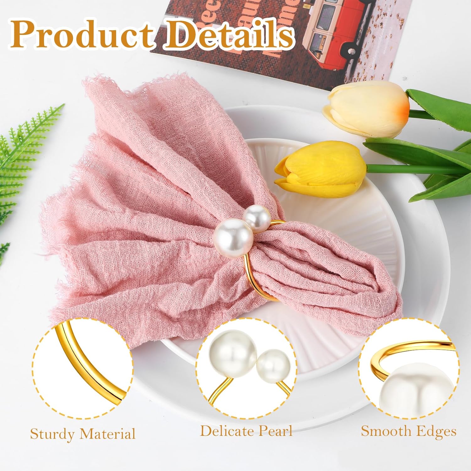 50 Pcs Pearl Napkin Rings, Gold Napkin Ring Holders Elegant Delicate Serviette Ring Buckle for Wedding Gathering Birthday Banquet Party Business Dinner Formal or Casual Dining Table Decor
