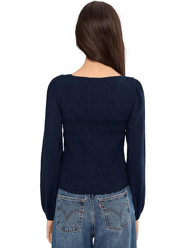 Navy Madewell Bonytail Elbow Sleeve Smocked Top