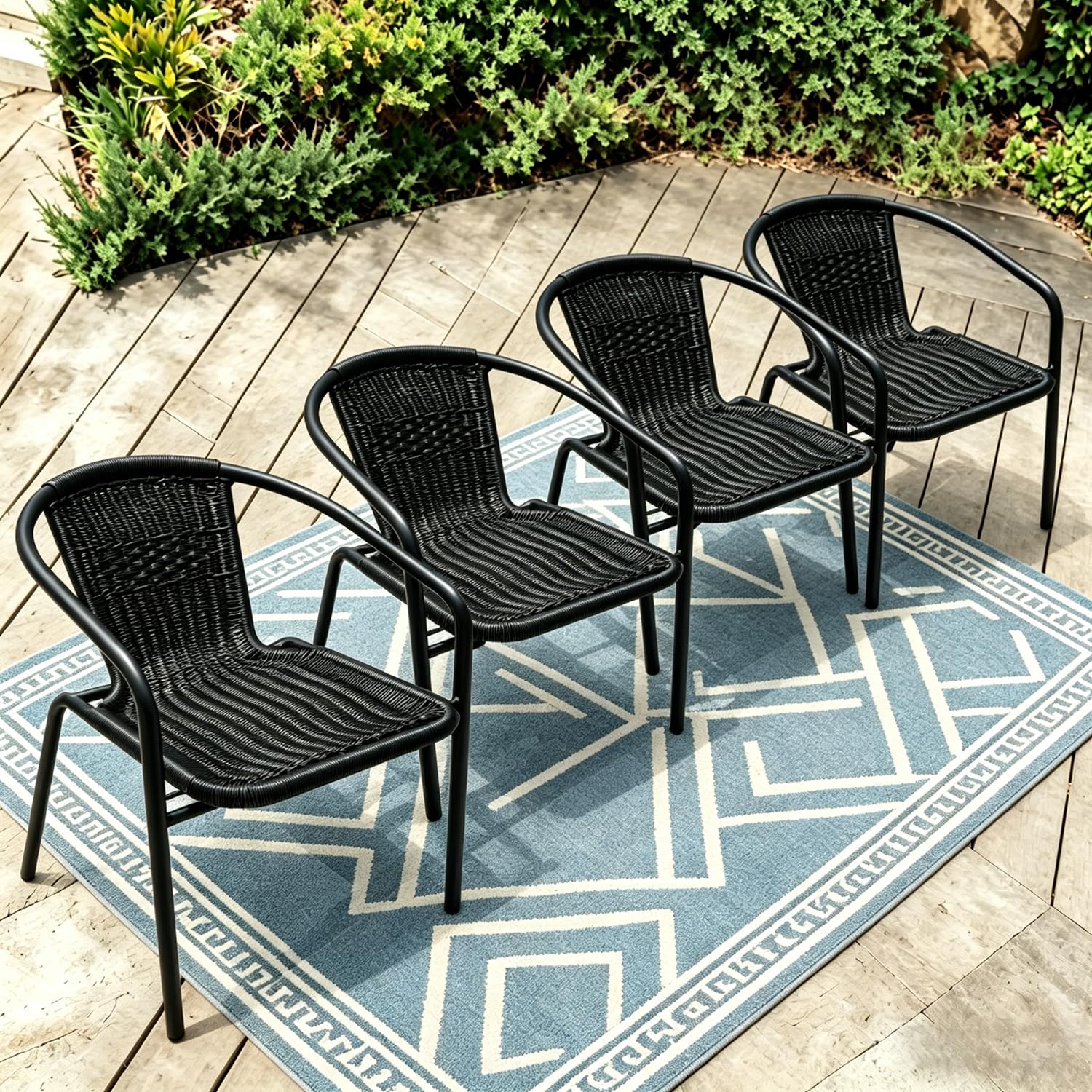 4 Stackable Wicker Patio Chairs, Weather-Resistant Outdoor Seating, Ideal for Balcony Porch Lawn &amp; Small Patio Furniture Set Decor, Black