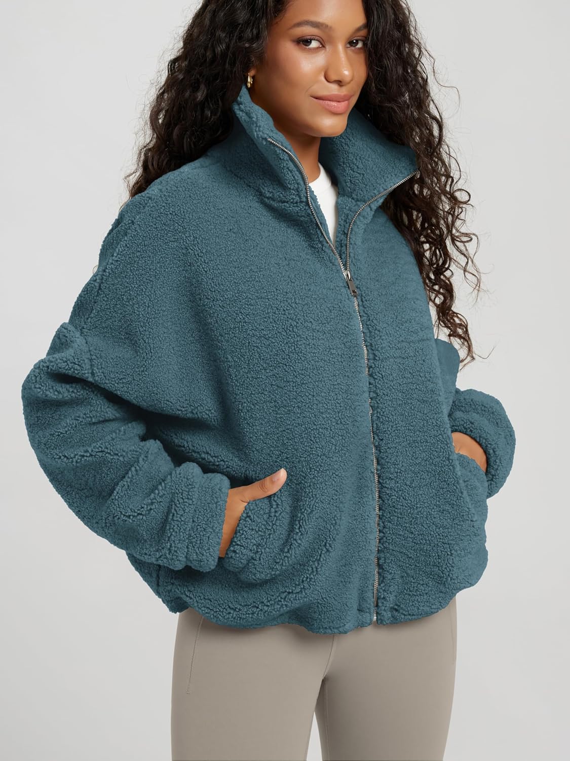 ODODOS Women's Sherpa Fleece Full-Zip Jacket Long Sleeve Coat Soft Warm Cinchable Outerwear with Pockets - Image 3