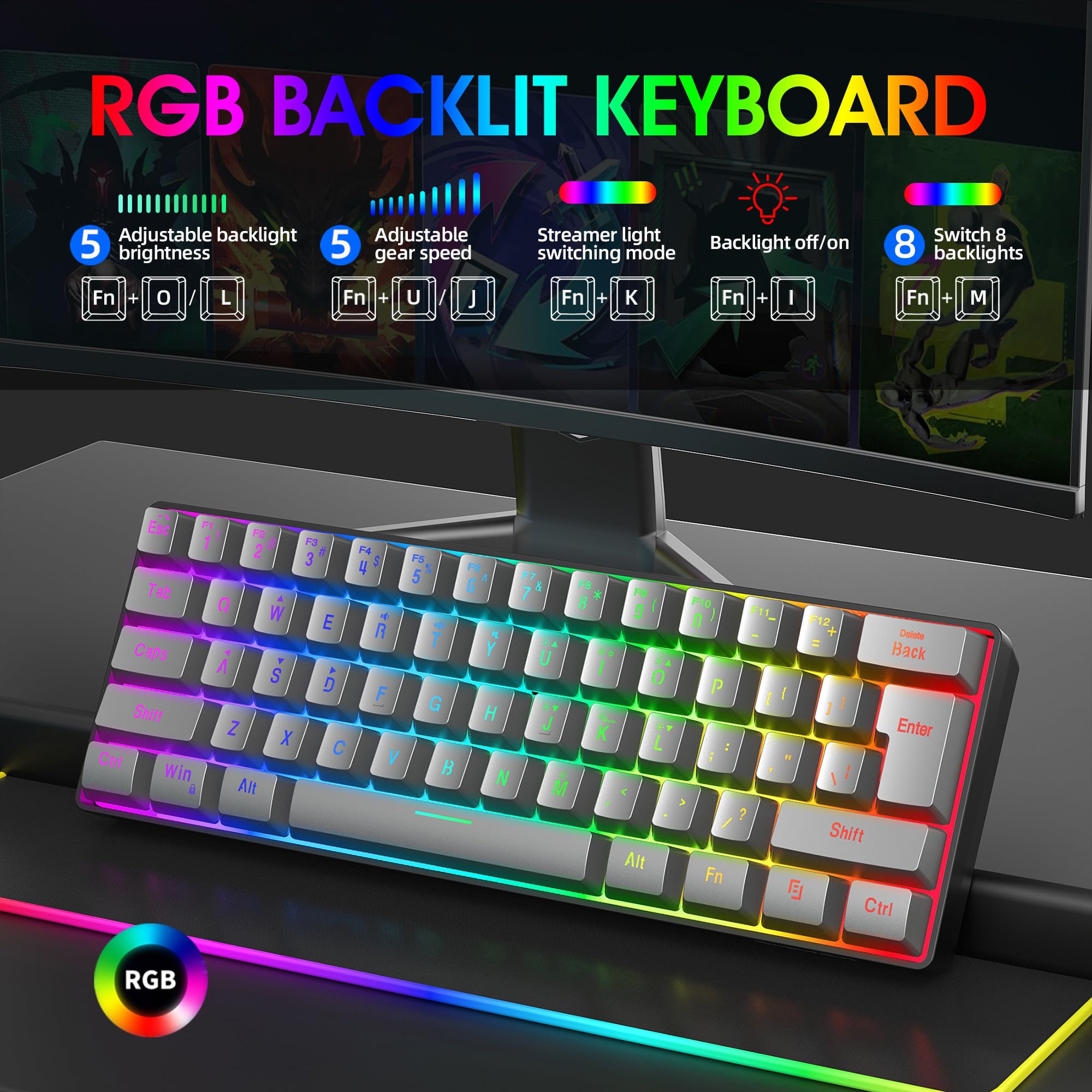 Snpurdiri 60% Wired Gaming Keyboard, RGB Ultra-Compact 61 Keys (Iron Grey) view 3