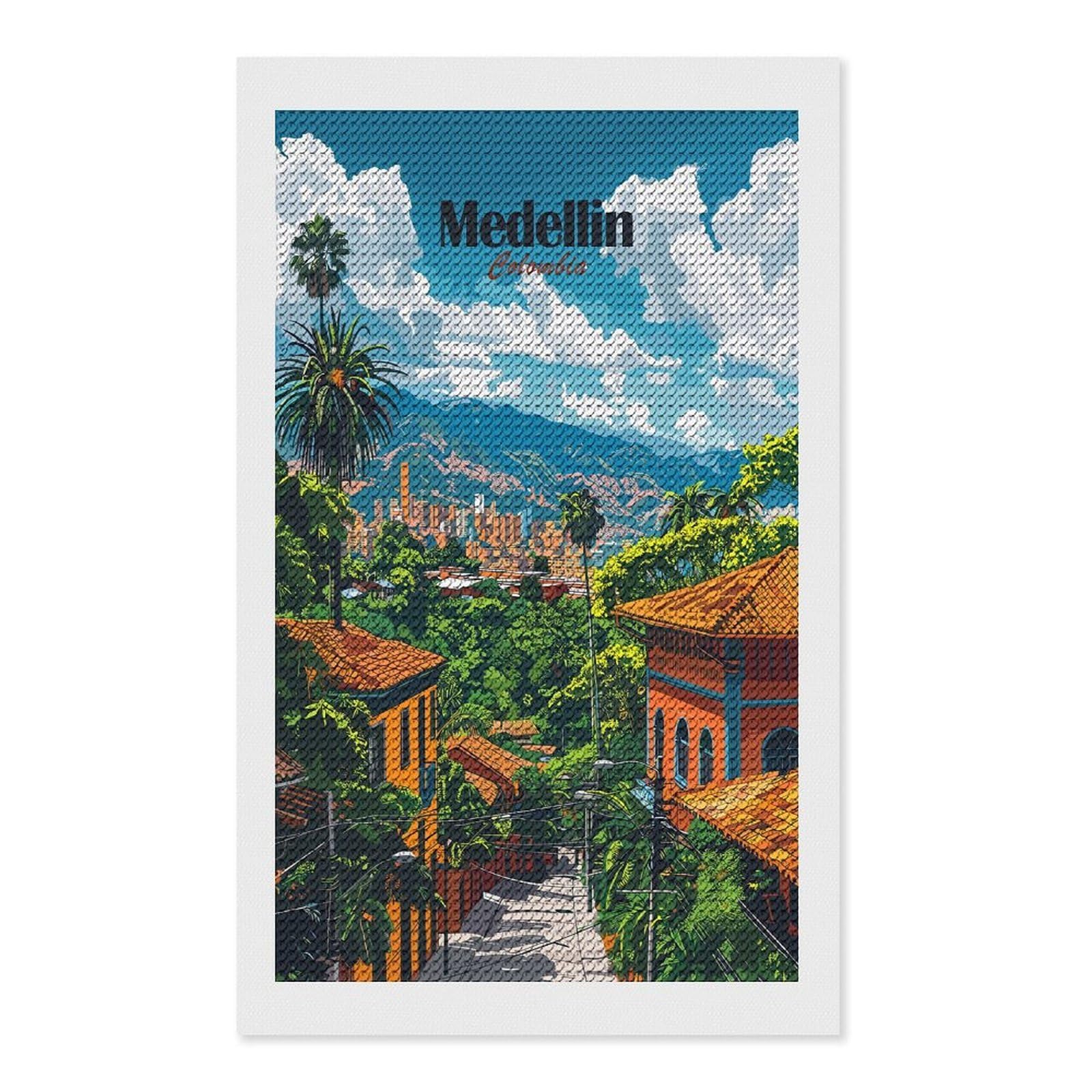 Junmoney Medellin Cityscape Diamond Painting Canvas Kit 12"x20", Adhesive Canvas, Living Room Decor, Farmhouse Decor, Winter Craft