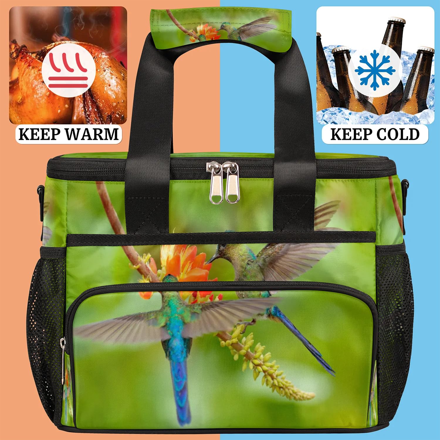 Große Lunchtasche mit Kolibri-Blume, für Erwachsene, Herren, Damen, Kinder, Mädchen, Jungen, isolierte Lunchbox, Kühltasche, Kühltasche, Kühltasche, Kühltasche, Kühltasche, für Arbeit, Picknick,