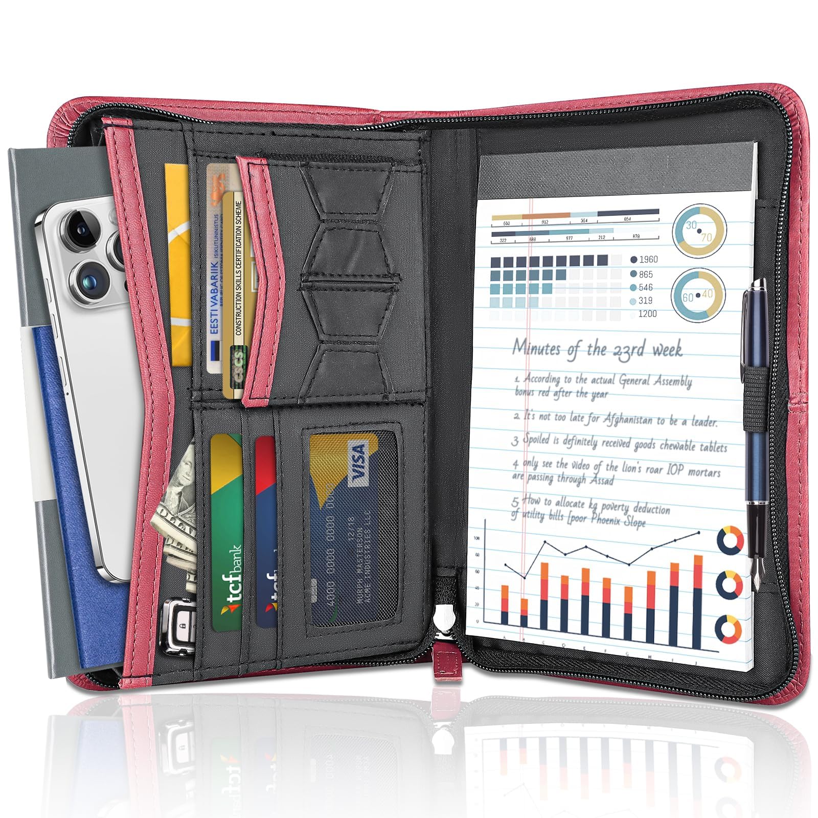 AKAYOK Padfolio for Women, Zippered Business Portfolio, Leather Padfolio Binder 5.3 x 8 inch Writing Pad, Business Portfolio Organizer, Small Padfolio with Clipboard (Red)