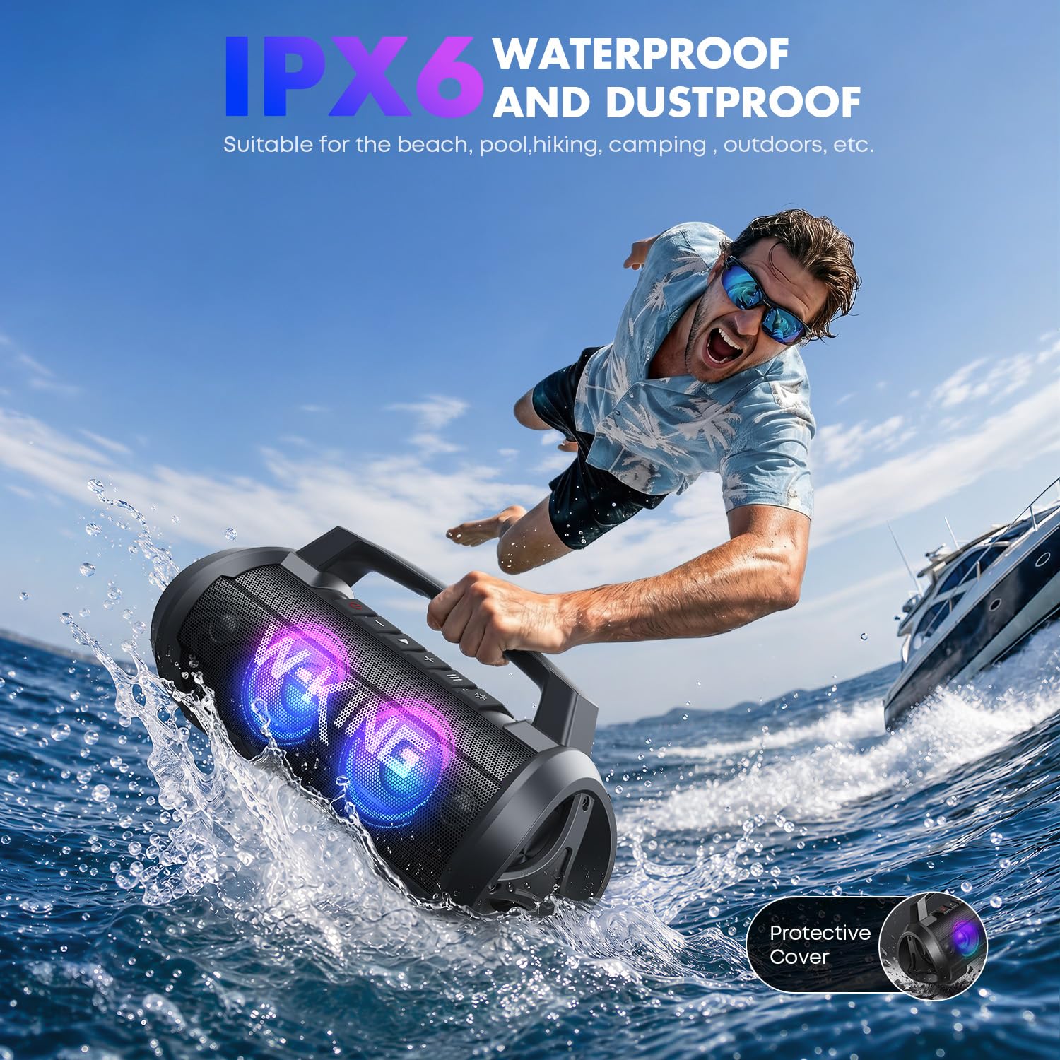 W-KING Cassa Bluetooth Portatile, 120W Peak Altoparlante Bluetooth Loud Subwoofer Suono Stereo con Luce LED, IPX6, DSP, 42H, MIC in, Banca di Potenza, Wireless Cassa per Esterno, Feste, Spiaggia,Regal