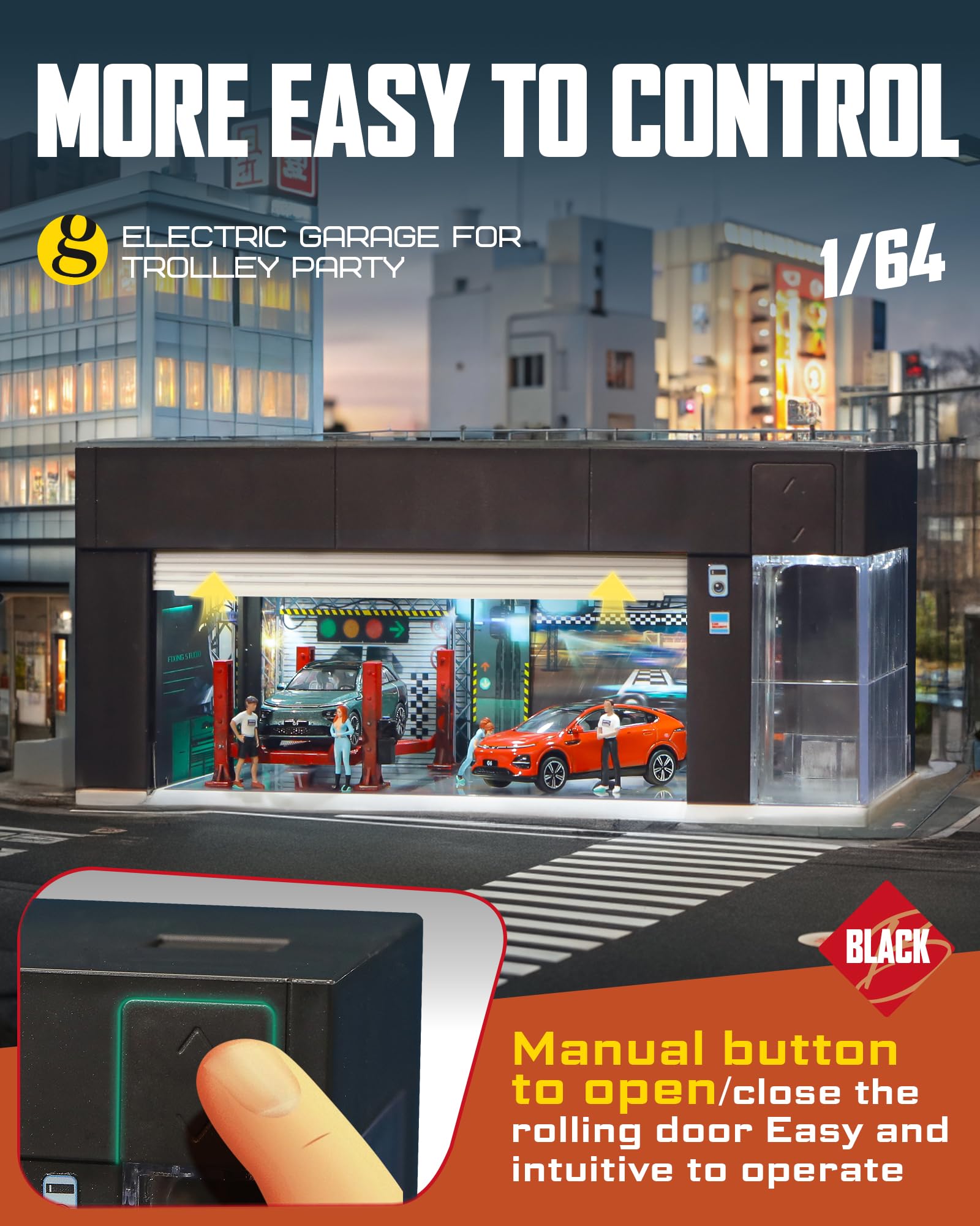 1/64 Garage pour Hot Wheels Stockage, Empilable Vitrine électrique avec Commande Vocale Lumière LED, 3D Scènes 3 Remplaçables Parking Diorama pour Voiture Diecast (Noir)