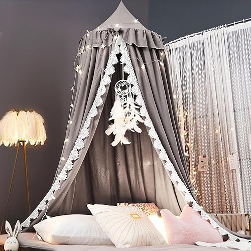 Kertnic Toldo de cama para niñas, toldo de princesa rosa suave con volantes, decoración de lazo de ensueño, toldos de cama para habitación de los