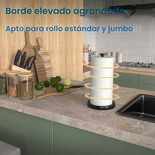 Miniatura 2 de Soporte para toallas de papel en encimera, desgarre con una mano, acero inoxidable, base con peso, negro, soporte para rollo de toallas de papel con