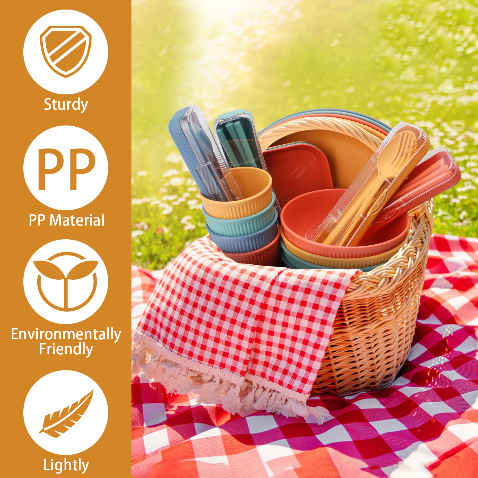 Vaisselle Camping, 48 Pcs d’Ensemble de Vaisselle en Porcelaine, Set de Vaisselle Complet Compris Bols Assiettes à Salade Assiettes à Dessert Tasses Couteaux Fourchettes Baguettes et Cuillères