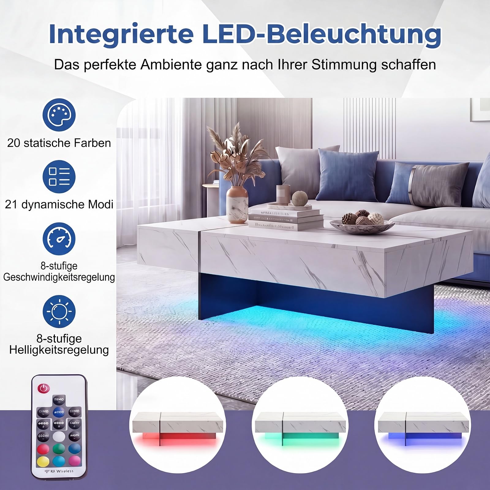 SOARS Mesa de Centro LED, Mesa Auxiliar Brillante con 3 Cajones de Almacenamiento, Iluminación Ajustable y Control Remoto, Mesa de Café Moderna para Salón Sofá, 120 x 70 x 35 cm (Blanco)