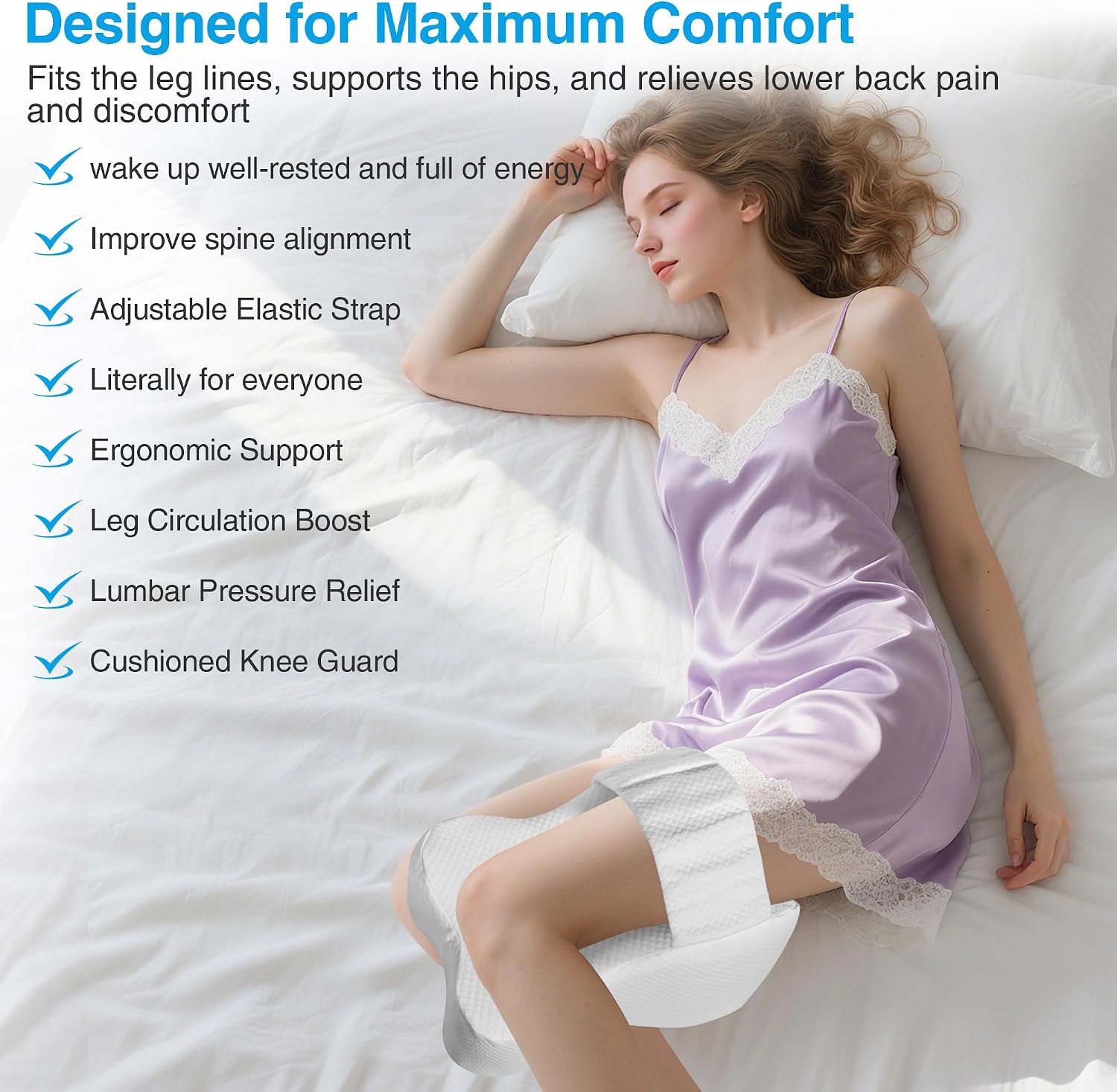 Side Sleeper Knee Pillow for Hip Pain Relief, Memory Foam Leg Pillow for Side Sleeping, Comfortable Support Between Knees, Aligns Spine & Reliefs Back, Joints(Adjustable Strap), White