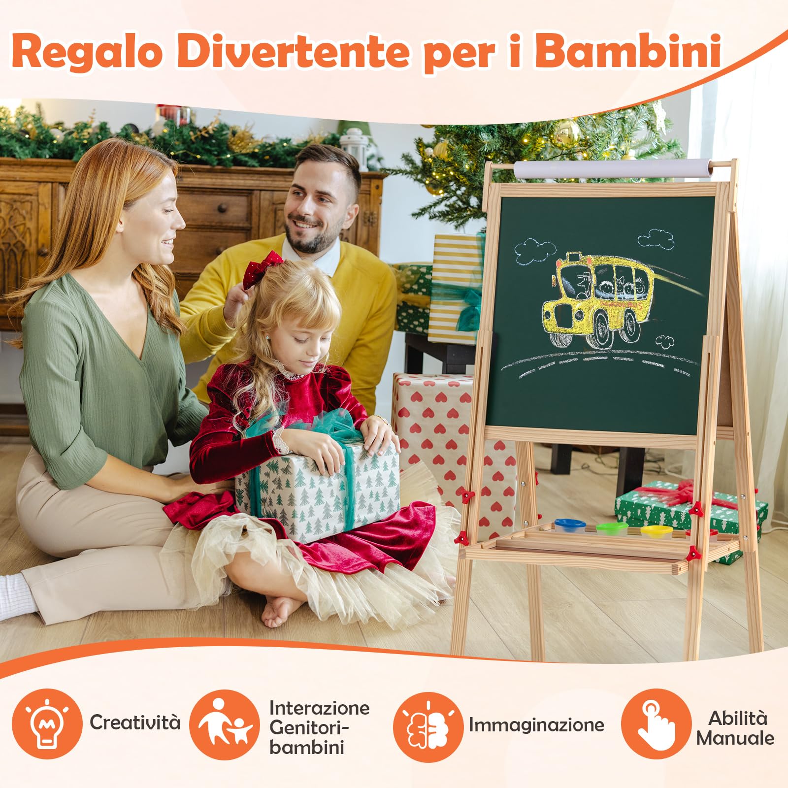 RELAX4LIFE Cavalletto per Bambini, Cavalletto Artistico in Legno con Altezza Regolabile, Cavalletto a Doppia Faccia con Rotolo di Carta, 2 Vassoi, 4 Tazze e Accessori Completi