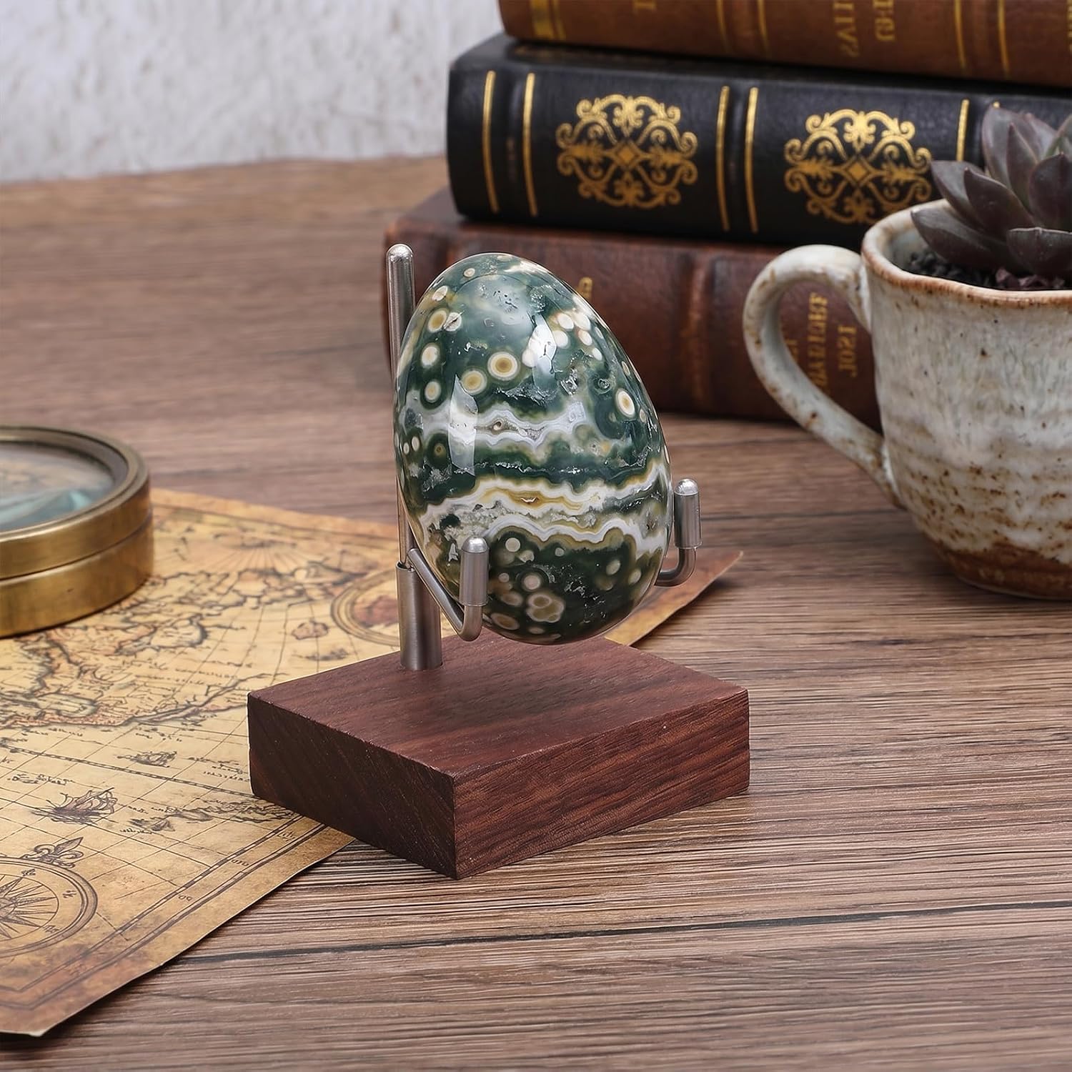 Skrfren Rock Crystal Display Stand with Adjustable Metal Arms Wooden Base for Small Collectibles Gemstones Agate Fossils Minerals