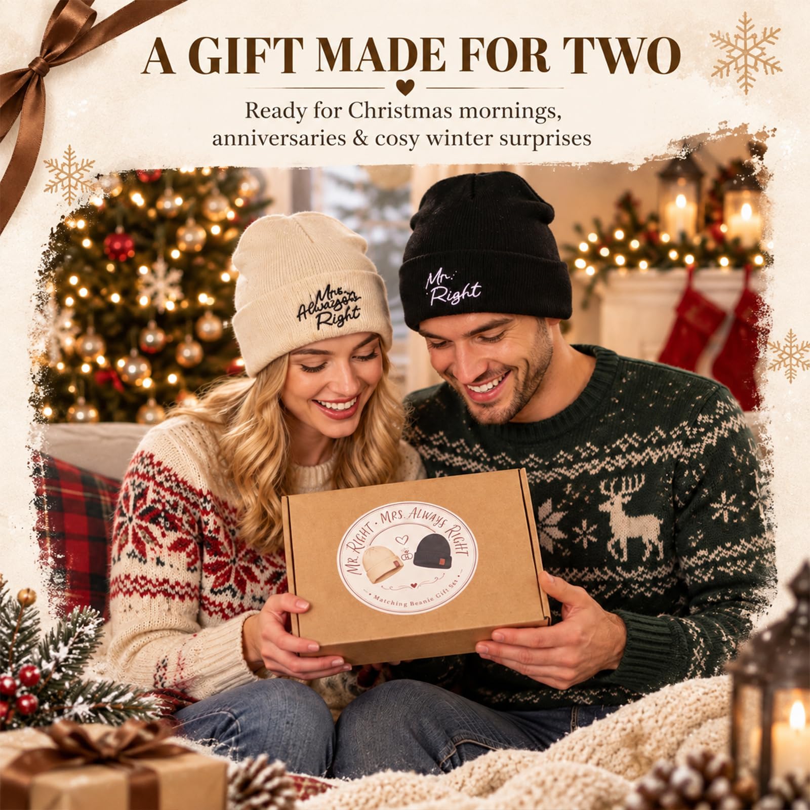 Geyoga 2er Set Partner Wintermützen mit Spruch, Beige und Schwarz