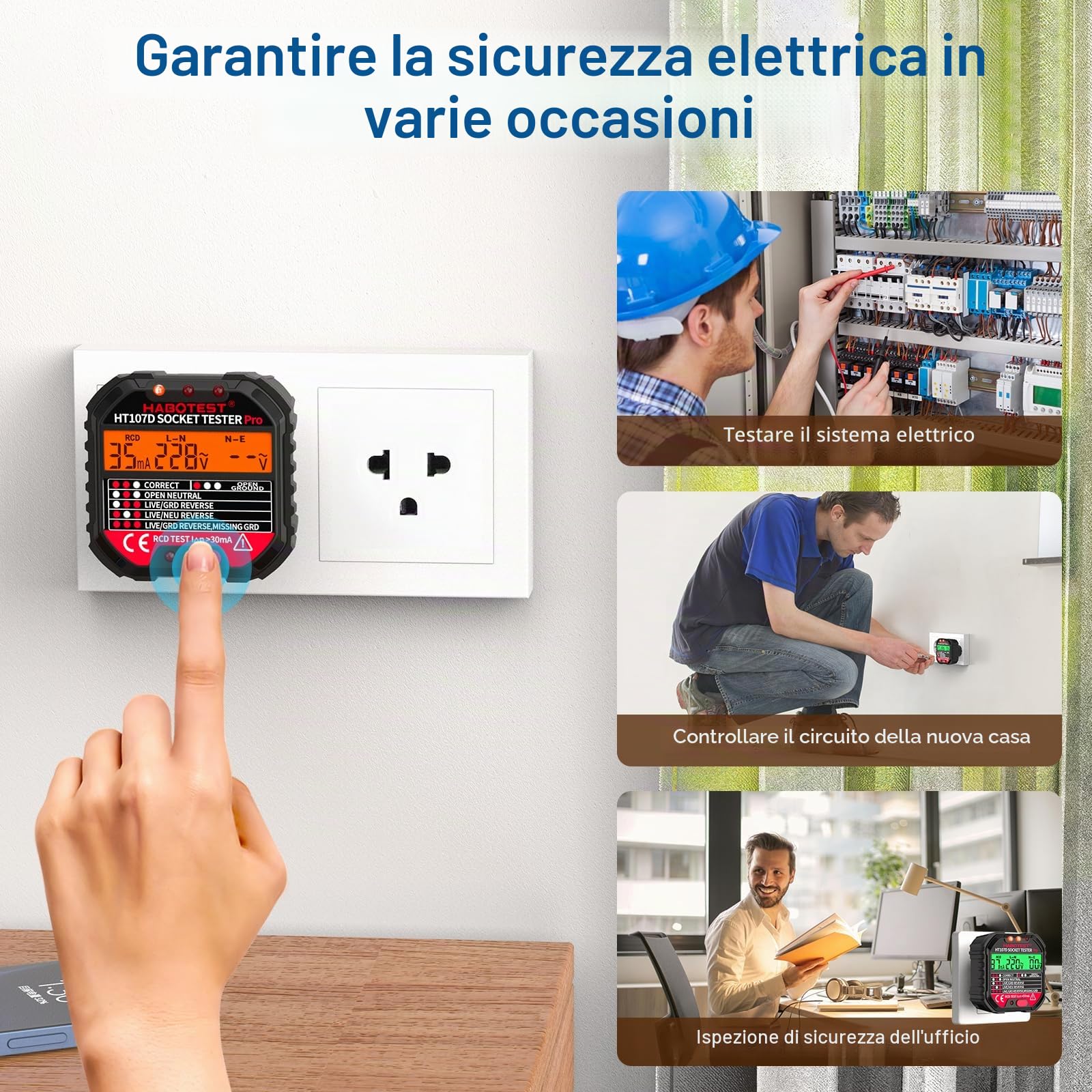 Tester de Prese, Tester per Circuiti Elettrici con Test RCD e Display LCD, Rilevatore Cavi Elettrici 6 tipi di Diagnosi dei Guasti, Visualizzazione tensione 90-250 V/CAT.II 300V (EU Plug)
