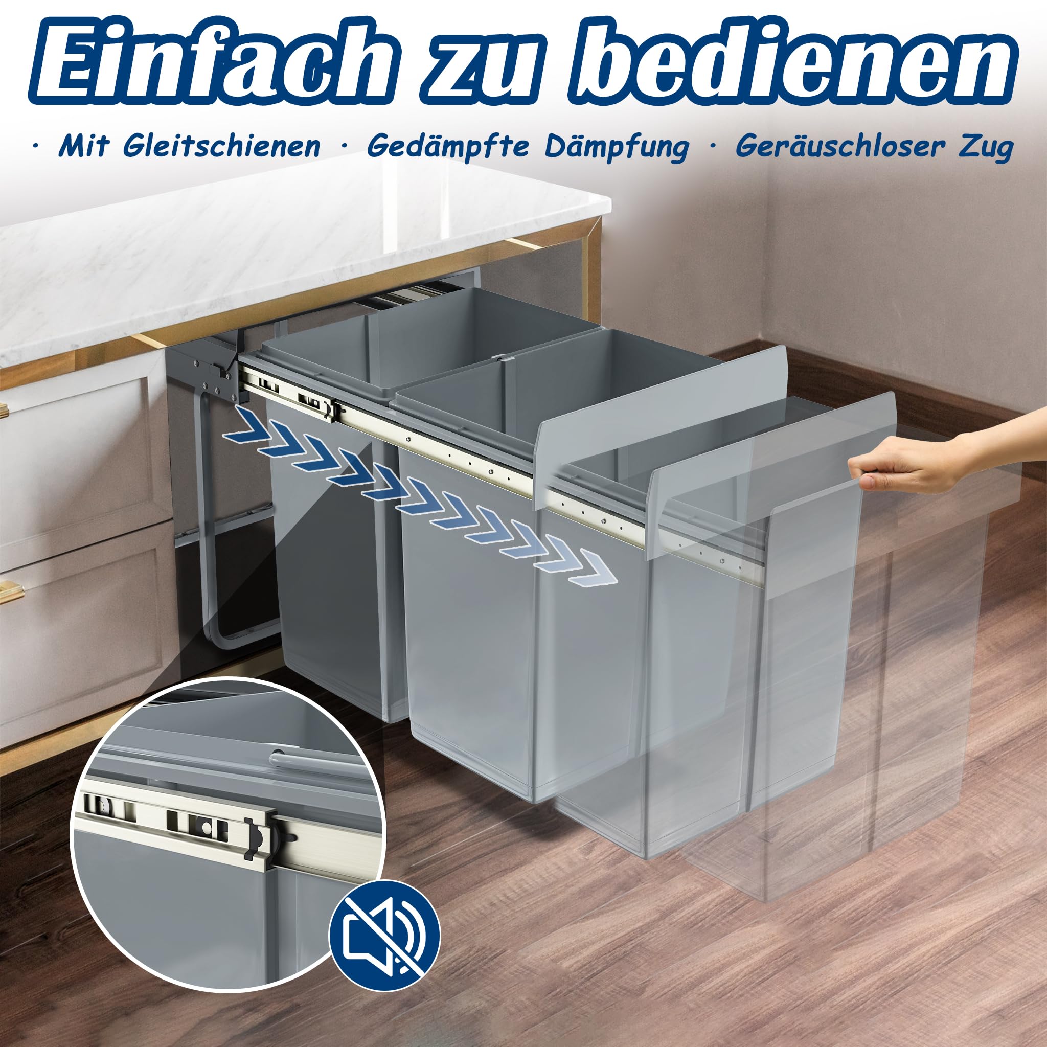 NAIZY Mülltrennsystem ausziehbar Mülleimer Küche 2-Fächer Abfalleimer einbau Unterschrank mit Teleskopschienen & Deckel Abfalleimer für Müllentsorgung (2x15L)