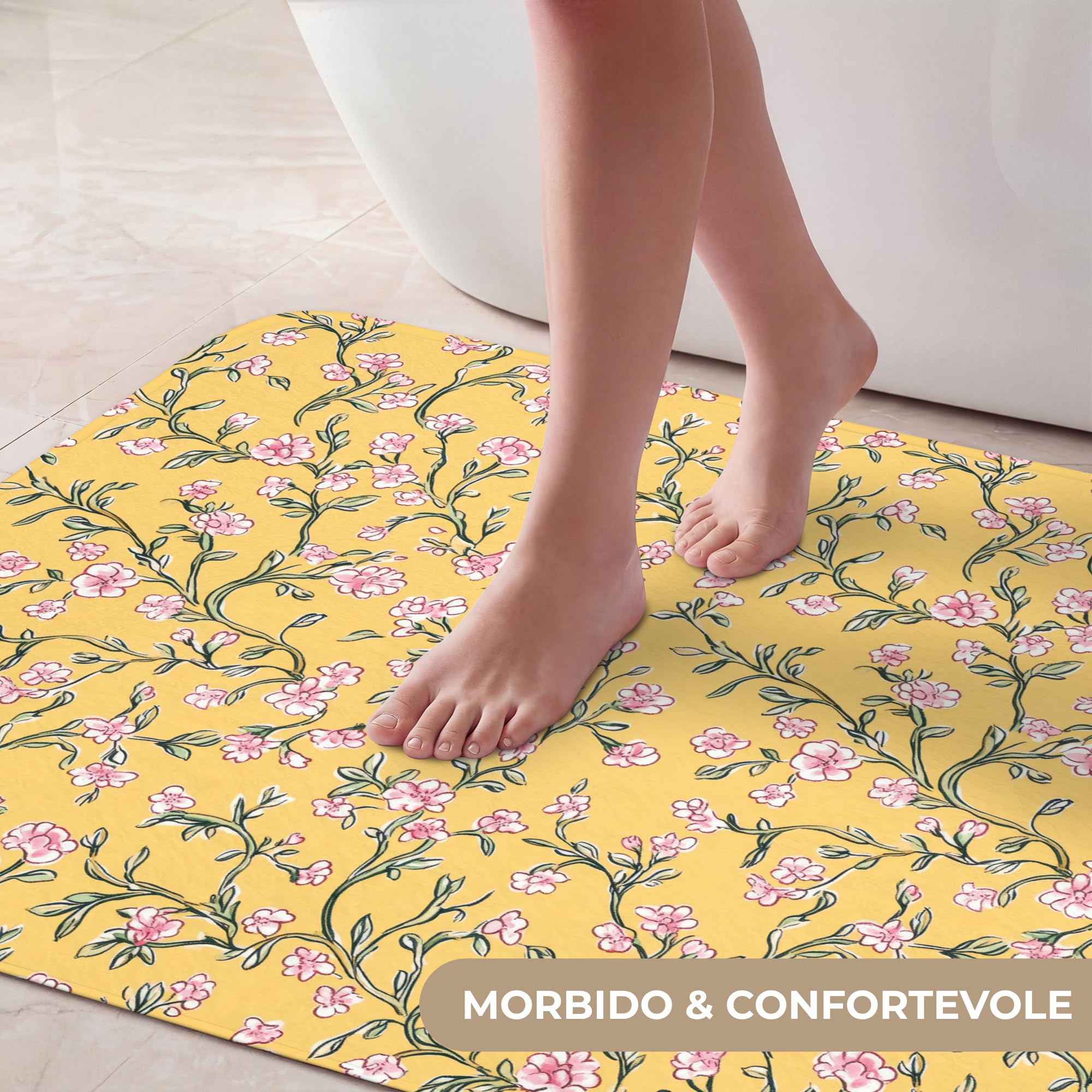 Tappeti Bagno Rettangolare 90x60 cm Tappetino Doccia Assorbente Bath Mat Decorazioni Memory Foam Tappeto Lavabile Moderni Fiori - Motivo - Giallo