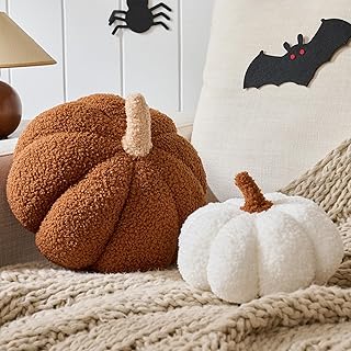 2 PCS Fall Pumpkin Pillows Brown White Simulated Pumpkin Shaped Pillow H...