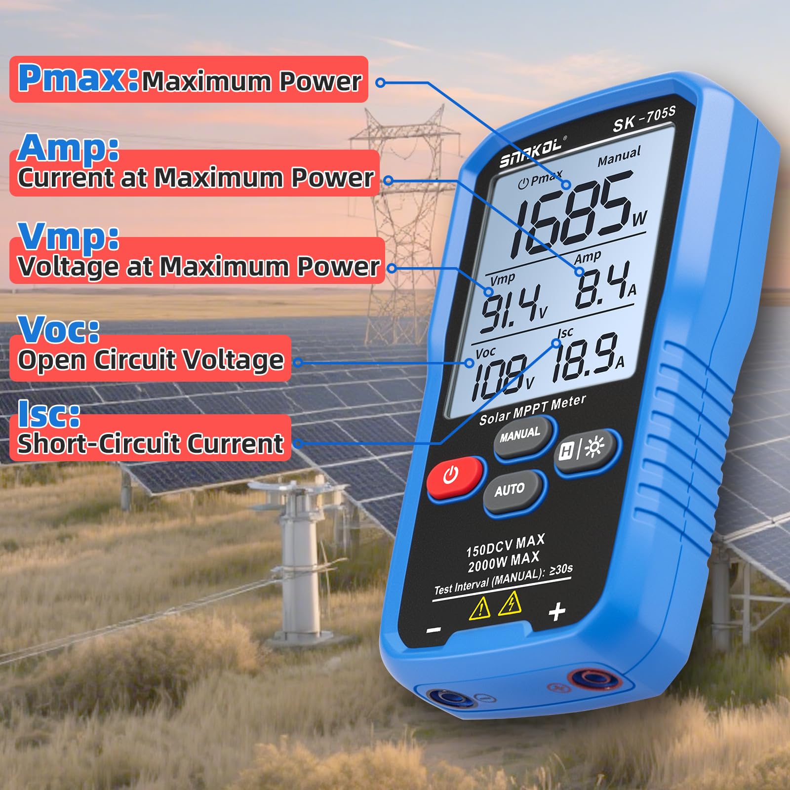 SK-705S Testeur MPPT Solaire pour Modules Photovoltaïques – 2000 W, 150 V DC Max, 35 A, Mesure Automatique et Manuelle de la Puissance, Voc Isc Vmp Pmax, Écran LCD 3,2", Testeur PV Portable