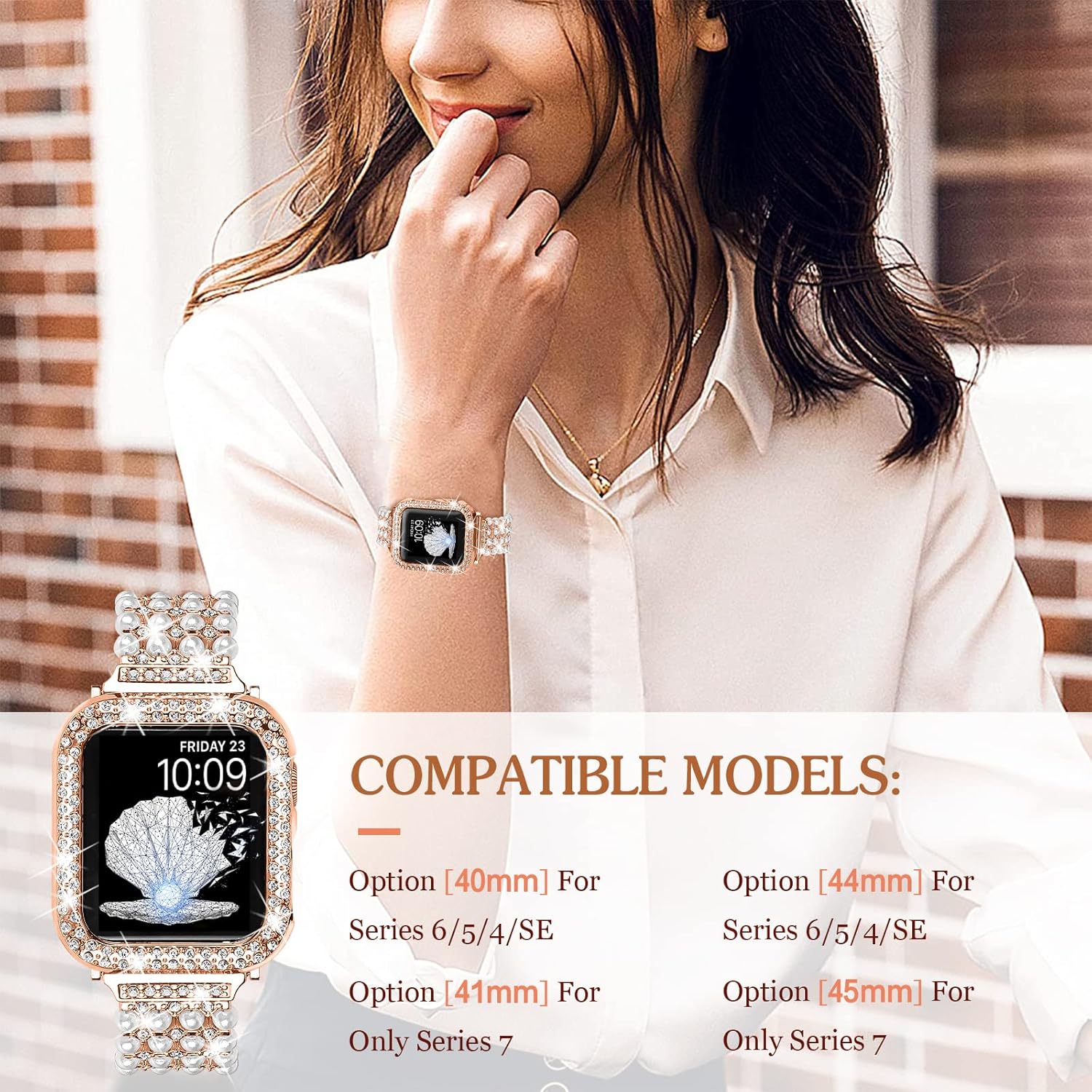 Joyozy Bling Pearl Bracelet 45mm and case Compatible For Apple Watch series 9 8 7 band, Women Sparkle Diamond Case with Rhinestone Cute Strap Iwatch bands 45mm Jewelry Bling Dressy Metal Jewelry Fancy(Rose Gold, 45MM)
