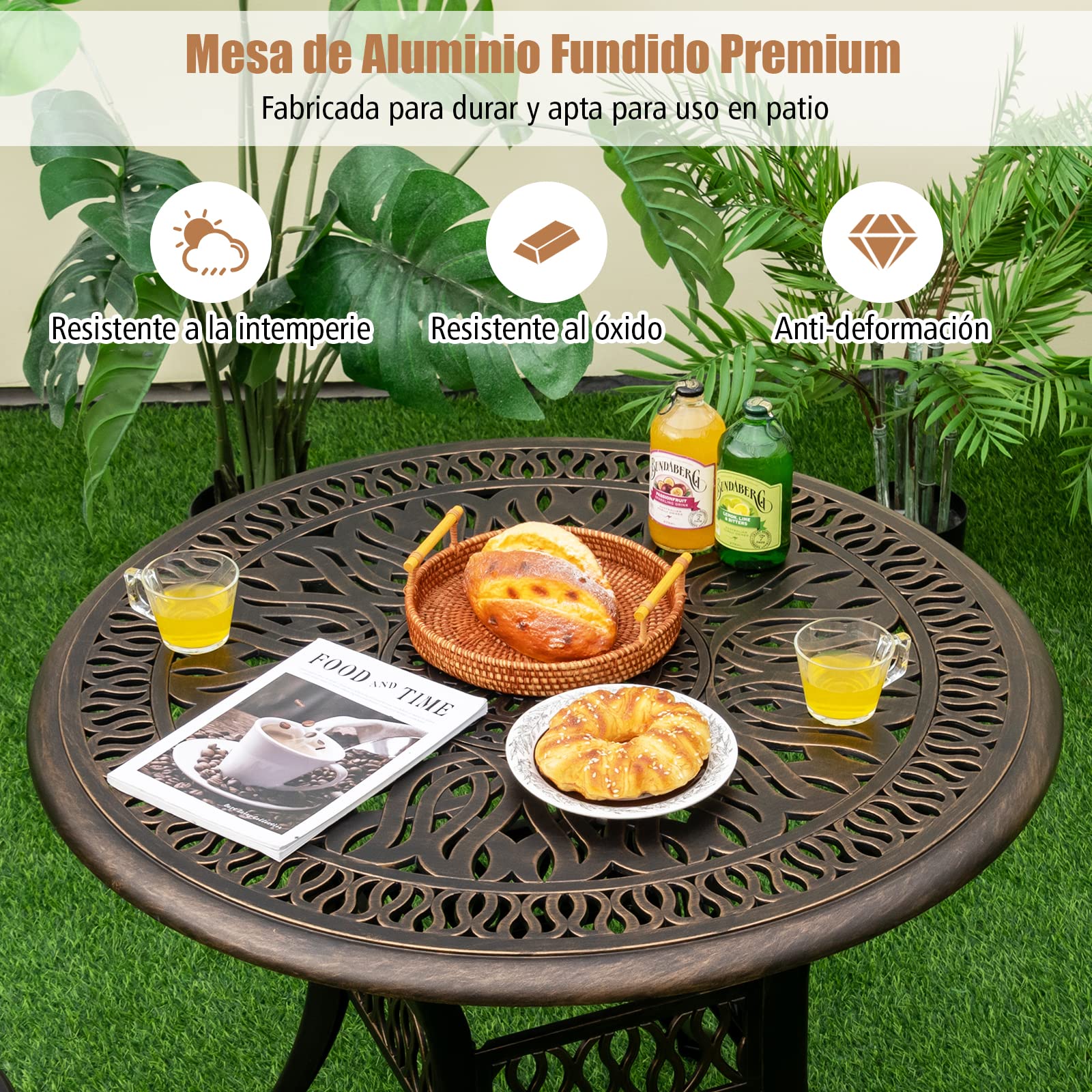 COSTWAY Mesa Jardin Exterior 90x74 cm, Agujero de Sombrillas, Mesa Redonda Terraza, Aluminio Fundido, Balcon Jardin Terraza Exterior, Carga 91kg, Negro y Bronce (Redonda)
