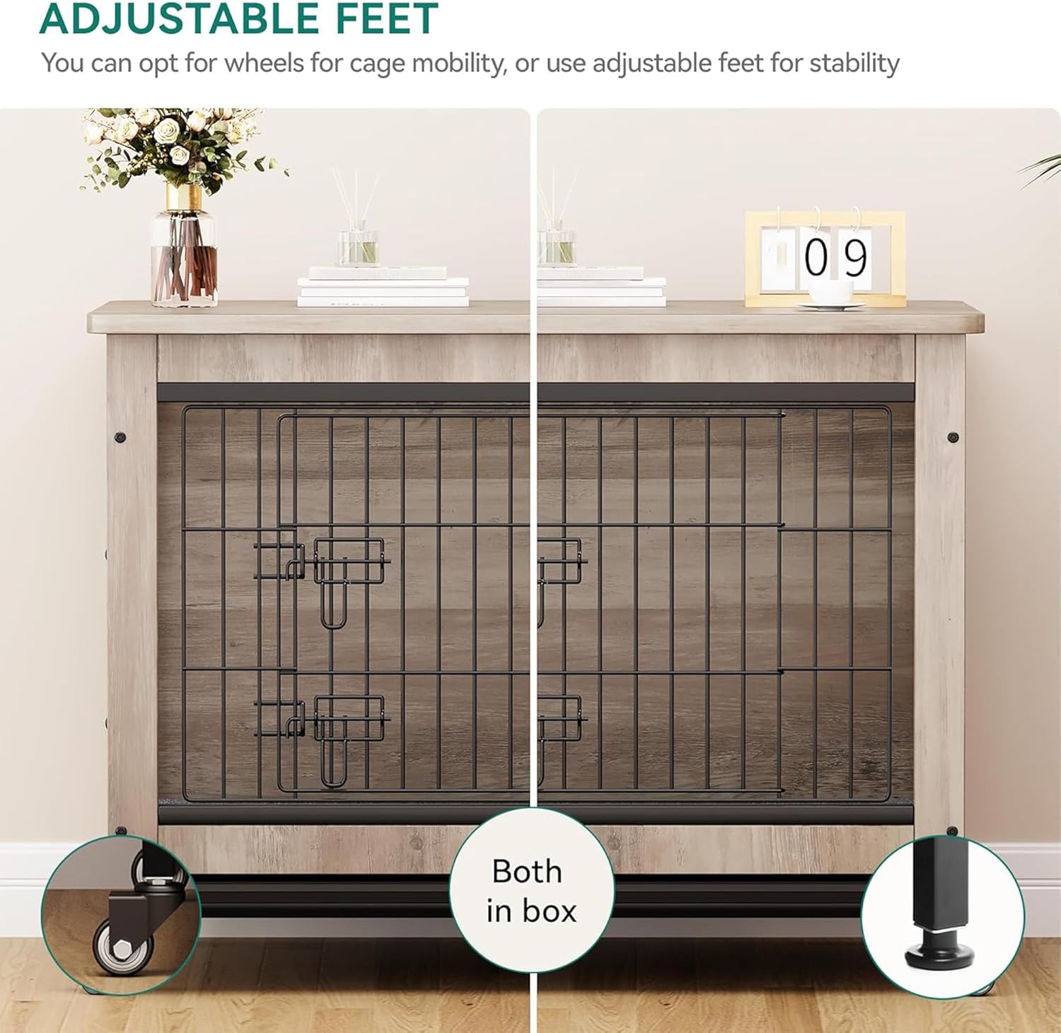 YITAHOME Dog Crate Furniture with Cushion, Dog Kennel Indoor with Wheels, Dogs Crate End Table with Tray, 27" Cage with Double Doors for Small Dogs (Gray)