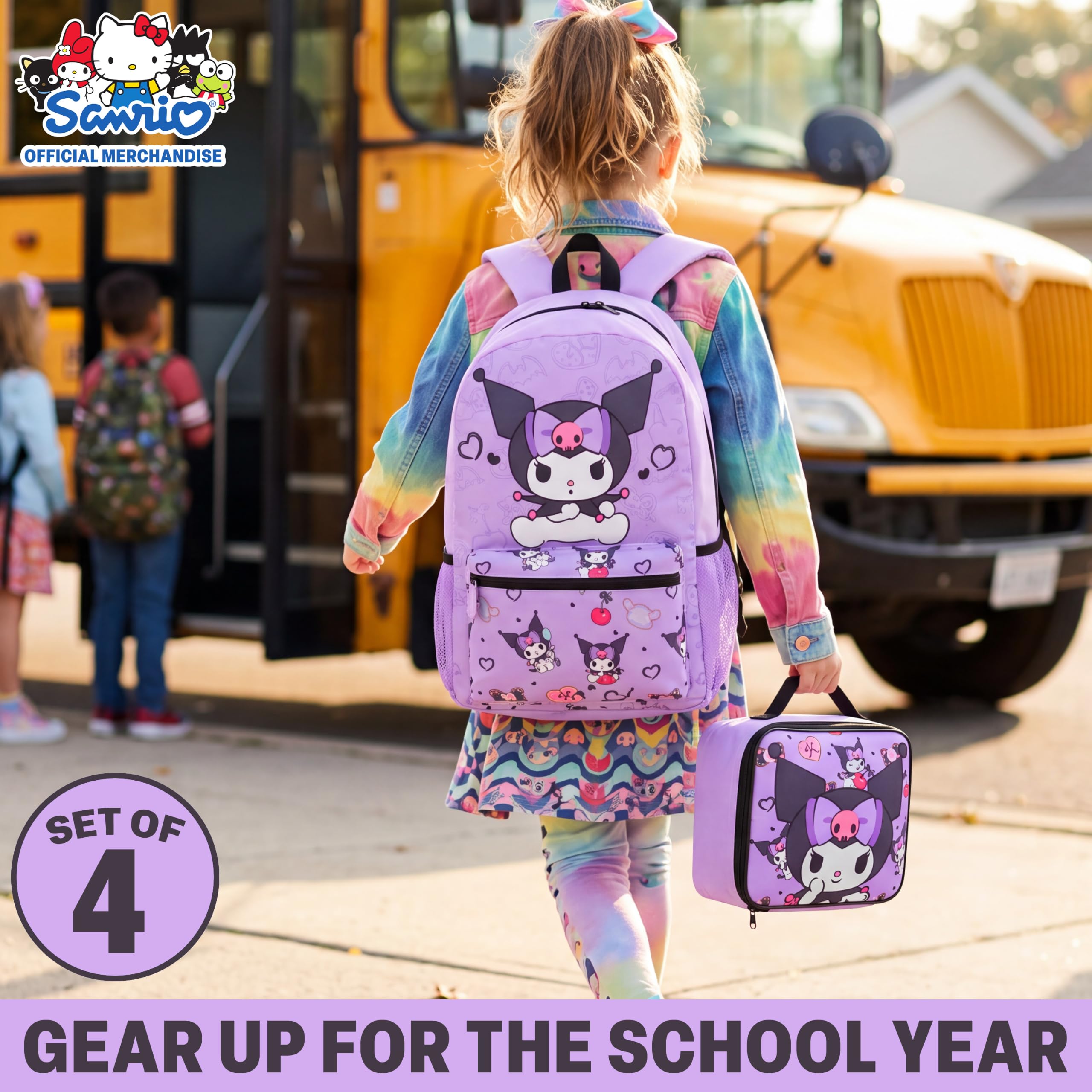 Get Trend Hello Kitty Kuromi Sac a Dos Fille Set, 4Pcs Grand Cartable, Trousse Scolaire, Sac Isotherme Repas et 500ml sans BPA Gourde Air Up (Violet Kuromi)