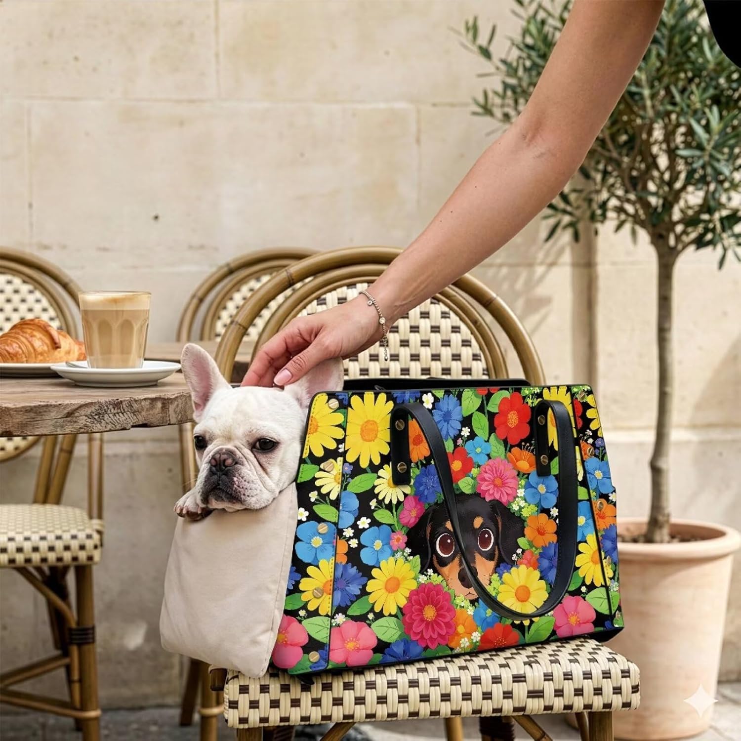 Floral Dog Purse Carrier Lightweight Small Dog Carrier, PU Leather Dog Tote Bag with Large Pockets for Small Cats Outdoor Use