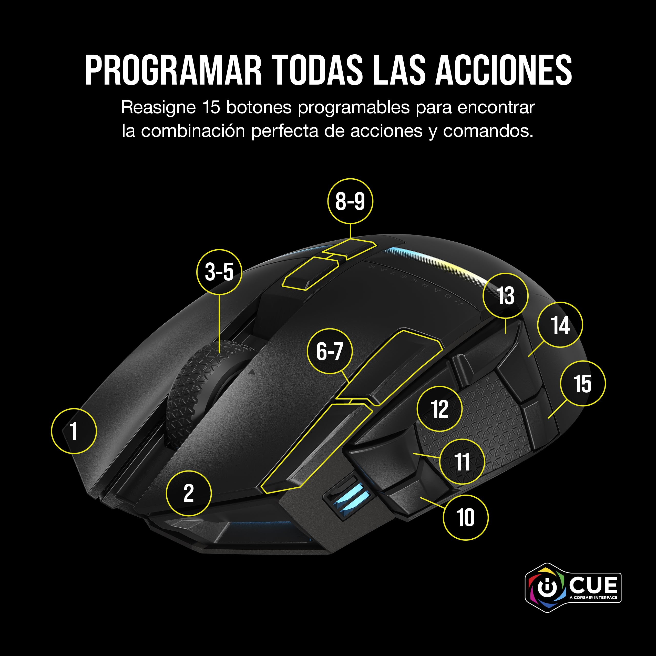 Corsair DARKSTAR Ratón Inalámbrico RGB para Juegos MMO - 26.000 PPP - 15 Botones Programables - Batería hasta 80 Horas - Compatible con iCUE - PC, PS5, PS4, Xbox - Negro