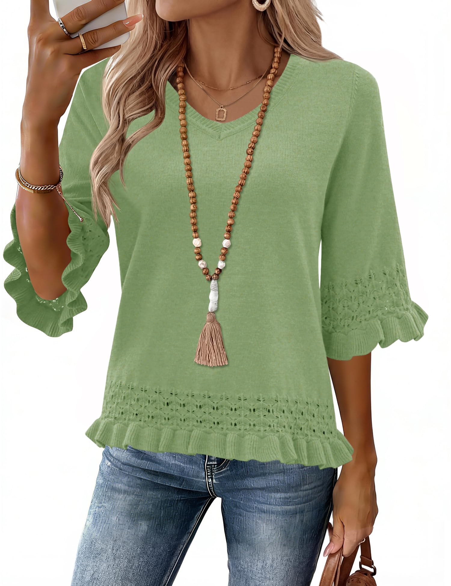 LOMON Women's Sweaters 3/4 Sleeve Business Casual Sweater V Neck Boho Tops Cute Crop Knit Peplum Pullover Spring Outfits — view 16