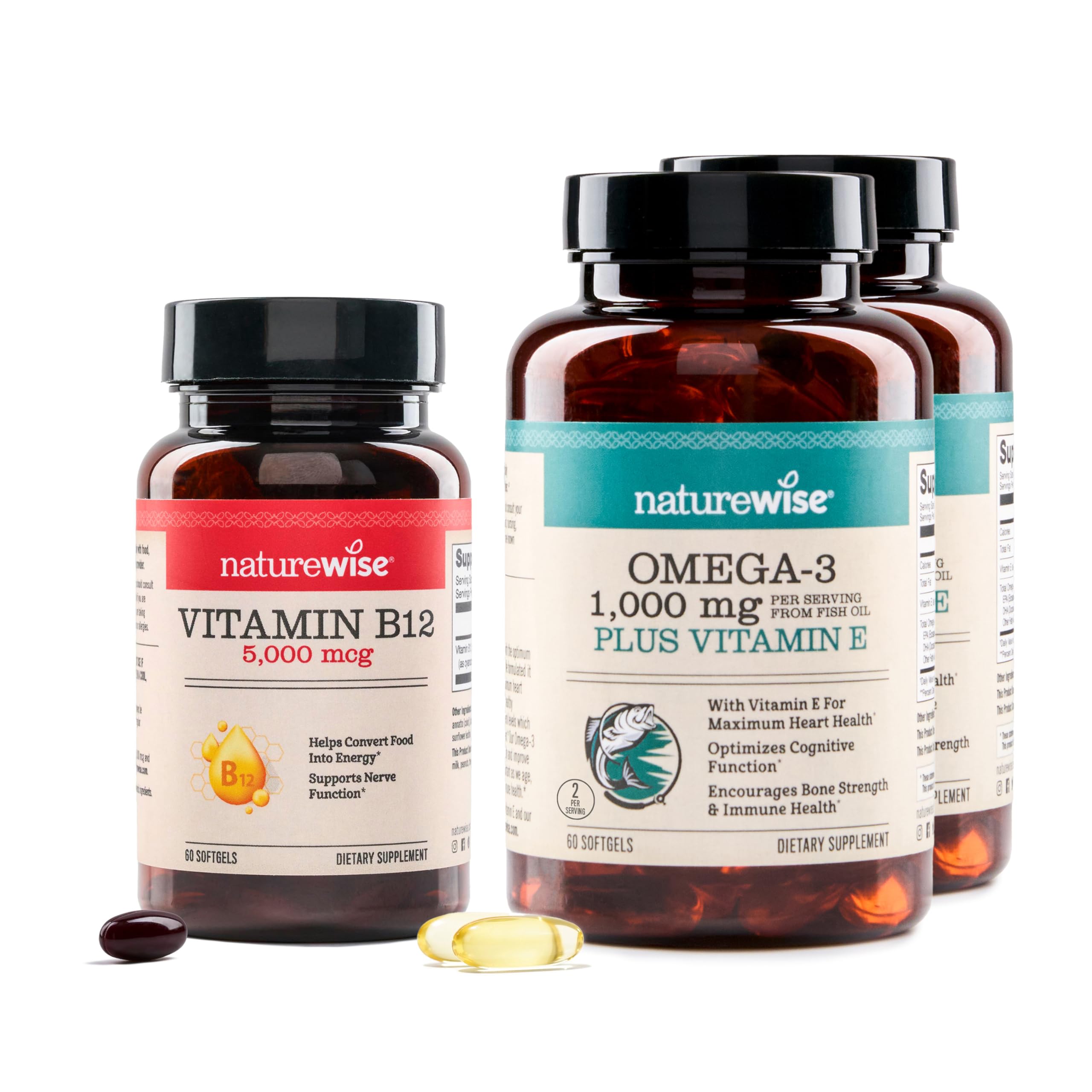 NatureWise [1] Vitamin B12 5000 mcg - Extra Strength - Non-GMO - 60 Softgels[60-Day Supply] + (Pack of 2) Omega 3 Fish Oil 1000mg + Vitamin E - Wild-Caught - 60