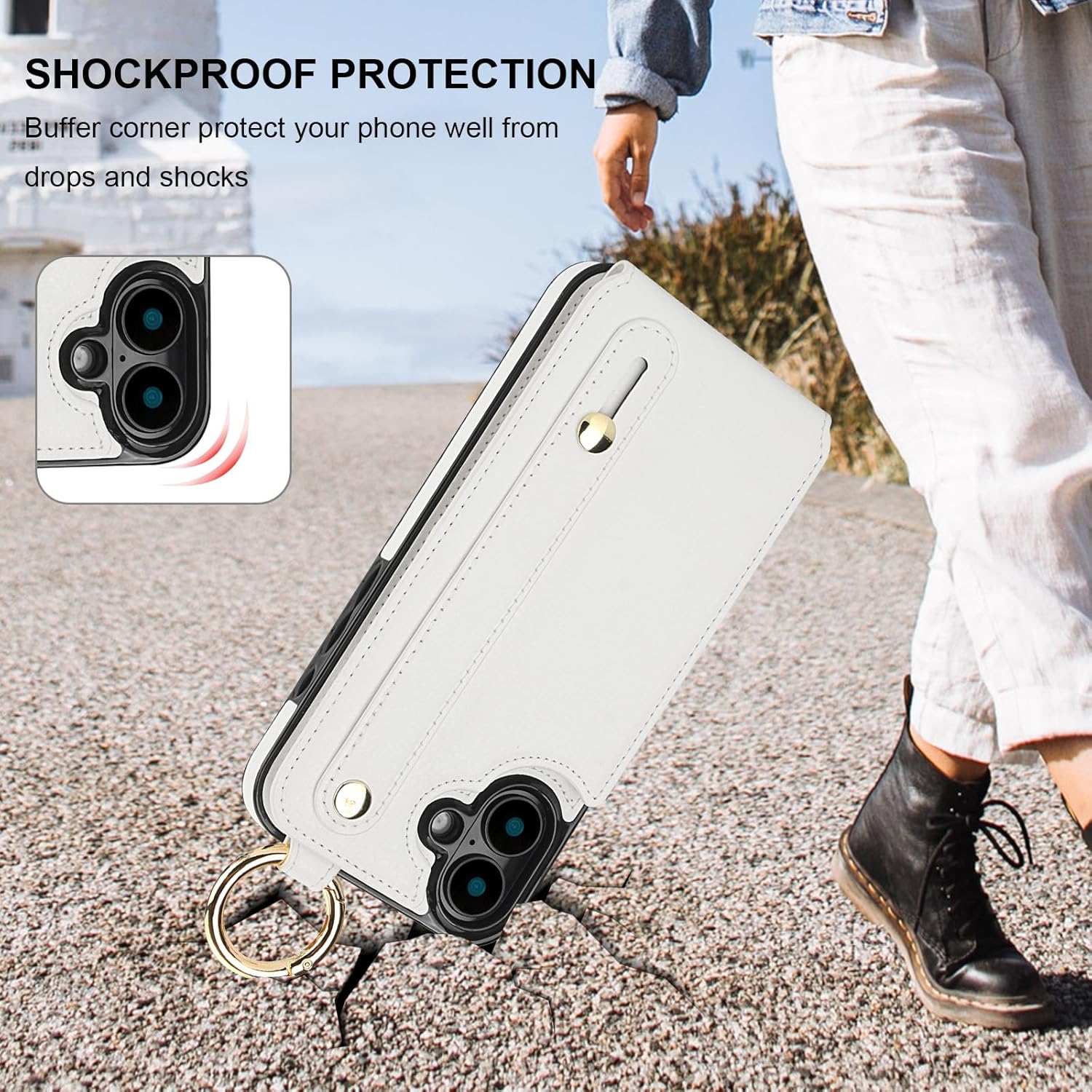 Folosu for iPhone 16 Plus Wallet Case with Card Holder, Hand Wrist Strap Loop Holder Kickstand, RFID Blocking Finger Grip Ring PU Leather Double Buttons Shockproof Cover 6.7" White