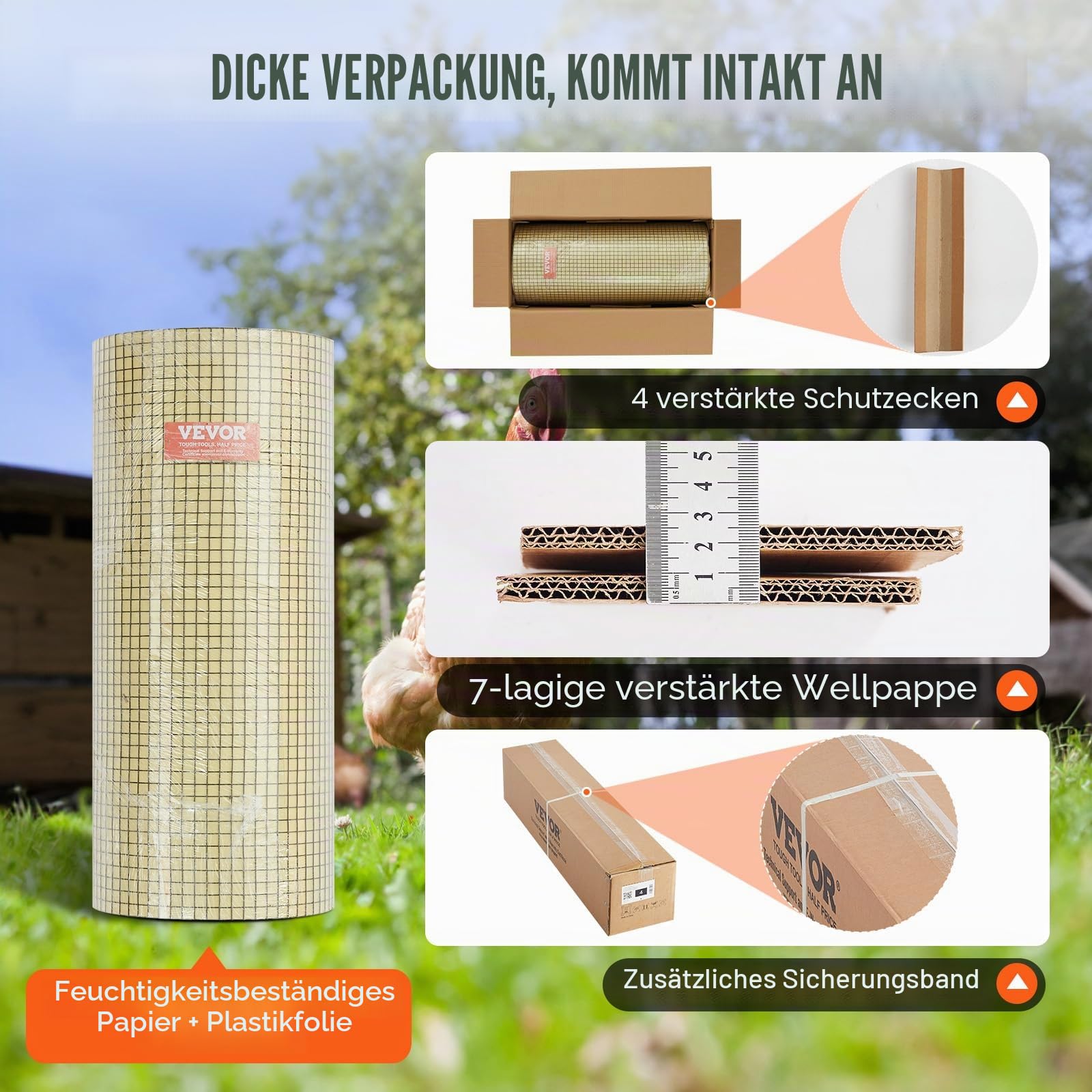 VEVOR Volierendraht 61 x 3048 cm, Gartenzaun, 1,06 mm Maschendrahtzaunrolle, Vinylbeschichtetes Drahtzaun für Hühnerstallbarrieren, Kaninchen- und Schlangenzäune, Geflügelgehege