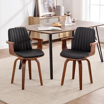 VipDesk Dining Chairs Set of 2 - Mid Century Modern Swivel Kitchen Chairs for Dining Room, Upholstered PU Leather Chairs with Wooden Arms and Legs, Black