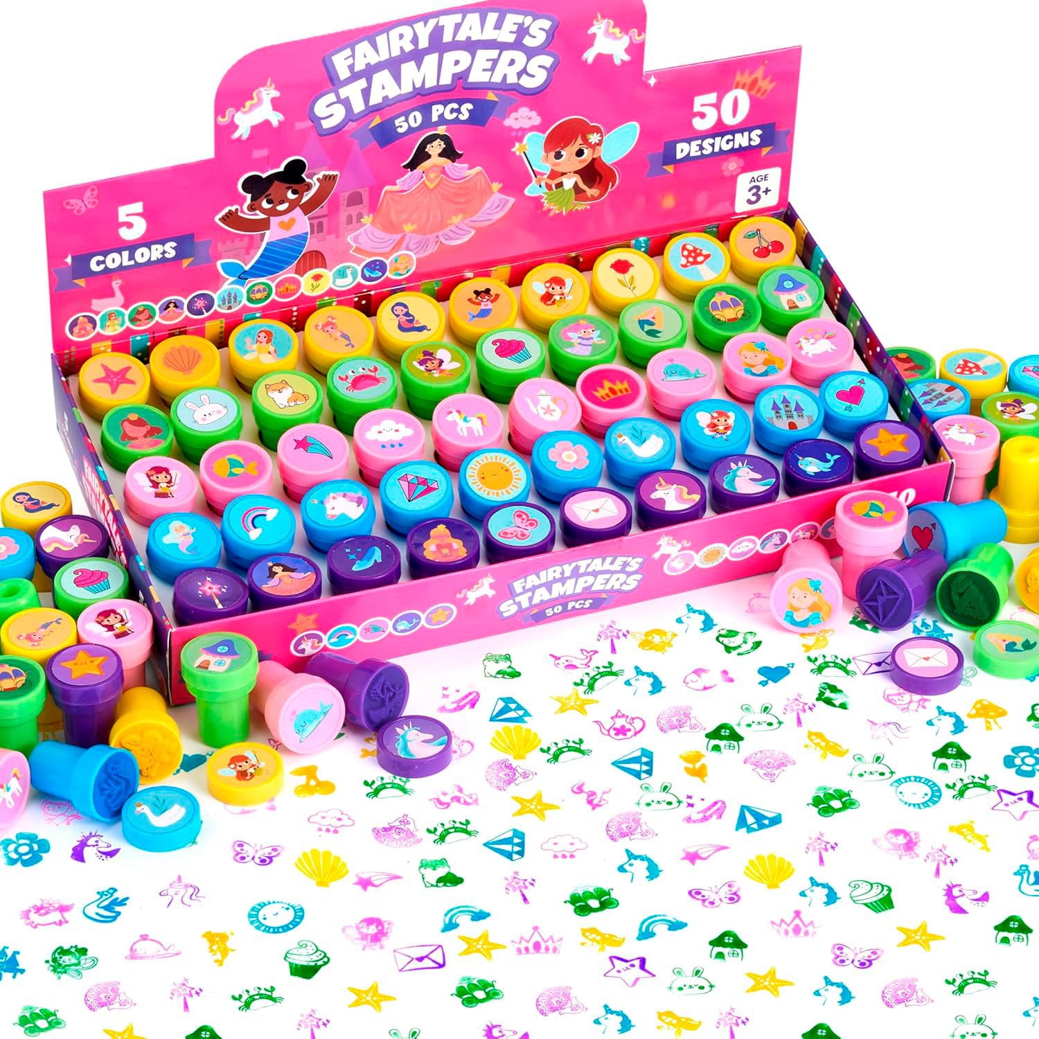 JOYIN 50 Stück Märchen Stempel für Kinder, Selbstfärbende Stempelset mit 50 Designs, Mitgebsel Kindergeburtstag für Weihnachten,Kleine Geschenke für Kinder(Meerjungfrau-, Prinzessin- Stempel)