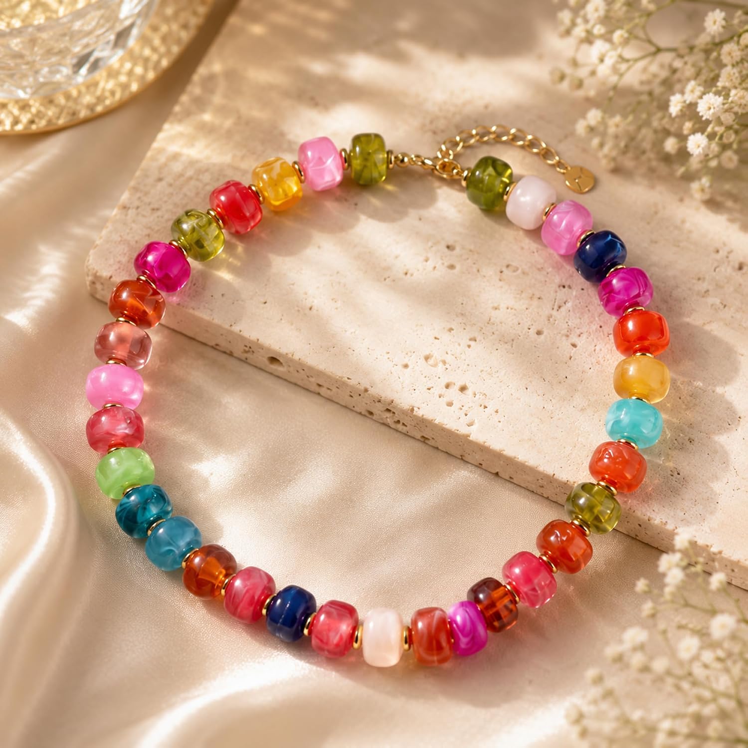 AeraVida Vibrant Multicolor Resin Beaded Strand Necklace, Summer Inspired Statement Jewelry for Women