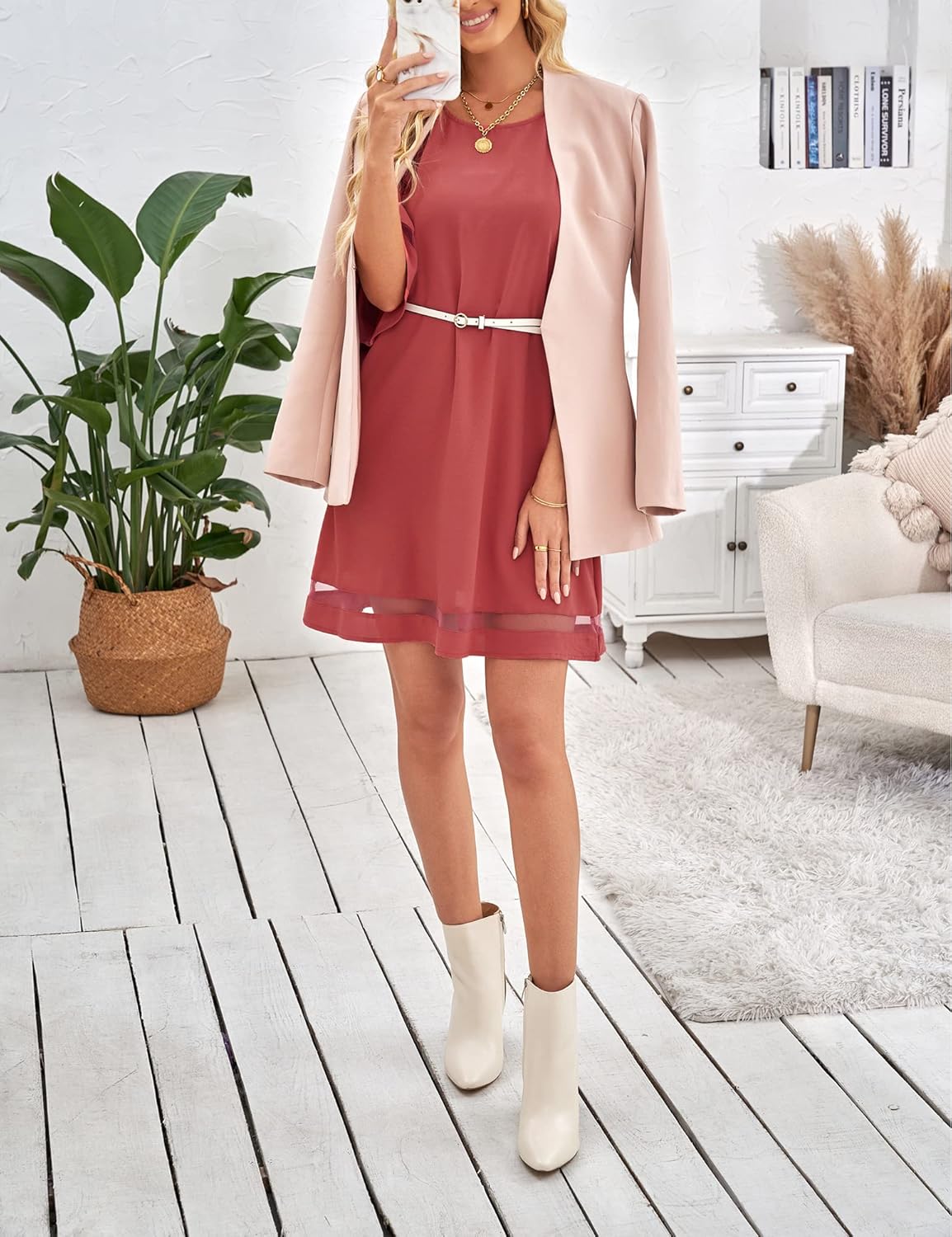 LookbookStore Women Casual Crewneck Mesh Panel 3/4 Bell Sleeve Loose Tunic Dress - Image 4