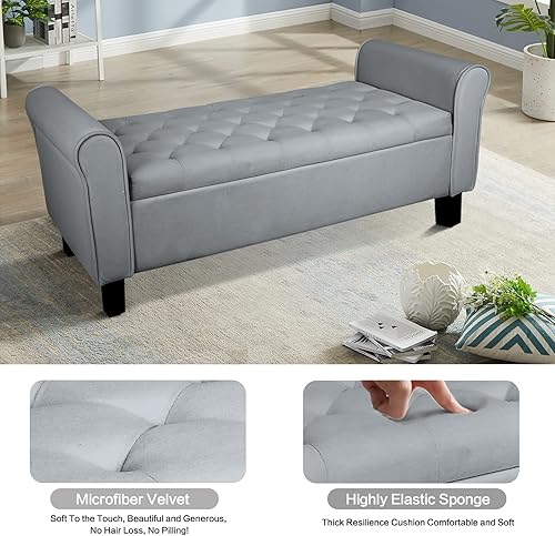 Miniatura 4 de Banco otomano de almacenamiento con brazos, banco de terciopelo para dormitorio, banco de almacenamiento con botones para entrada, sala de estar,