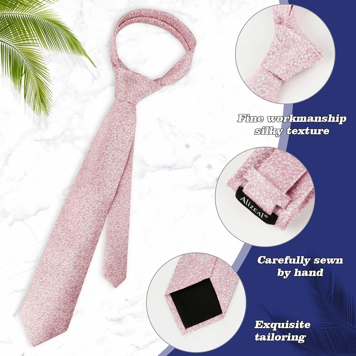 Alizeal Mens 3.15inches Light Color Rustic Tie with Flower Printed Handkerchief - Image 5