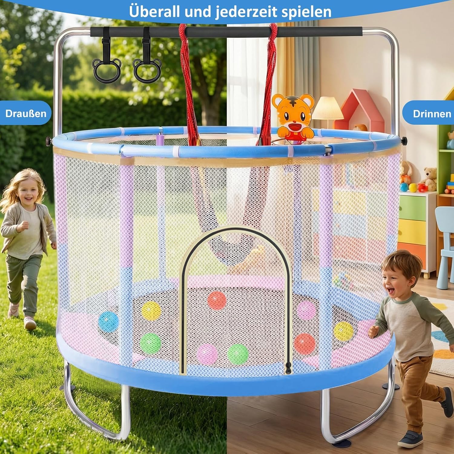 1.5m Kindertrampolin, Multifunktionales und Verstellbares mit Basketballkorb, Schaukel und Klimmzugringen, Geeignet für Innen- und Außenbereich zum Geburtstag