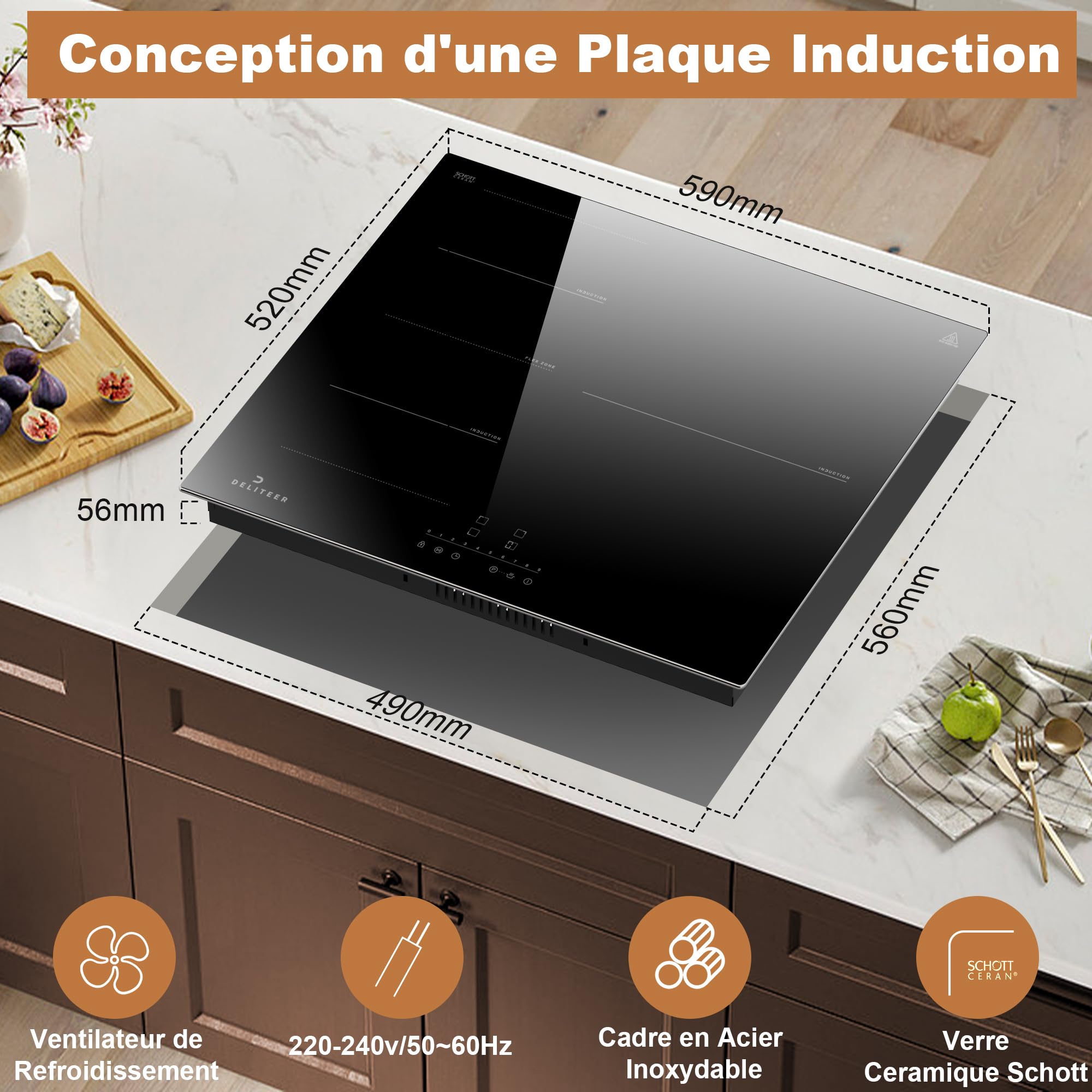 3 Burner Induction Hob, Induction Hob, Electric Hob 3 Hobs, Flexible Barbecue Area, Safety, Hob 6800W, Timer 1-99 min, 230 V