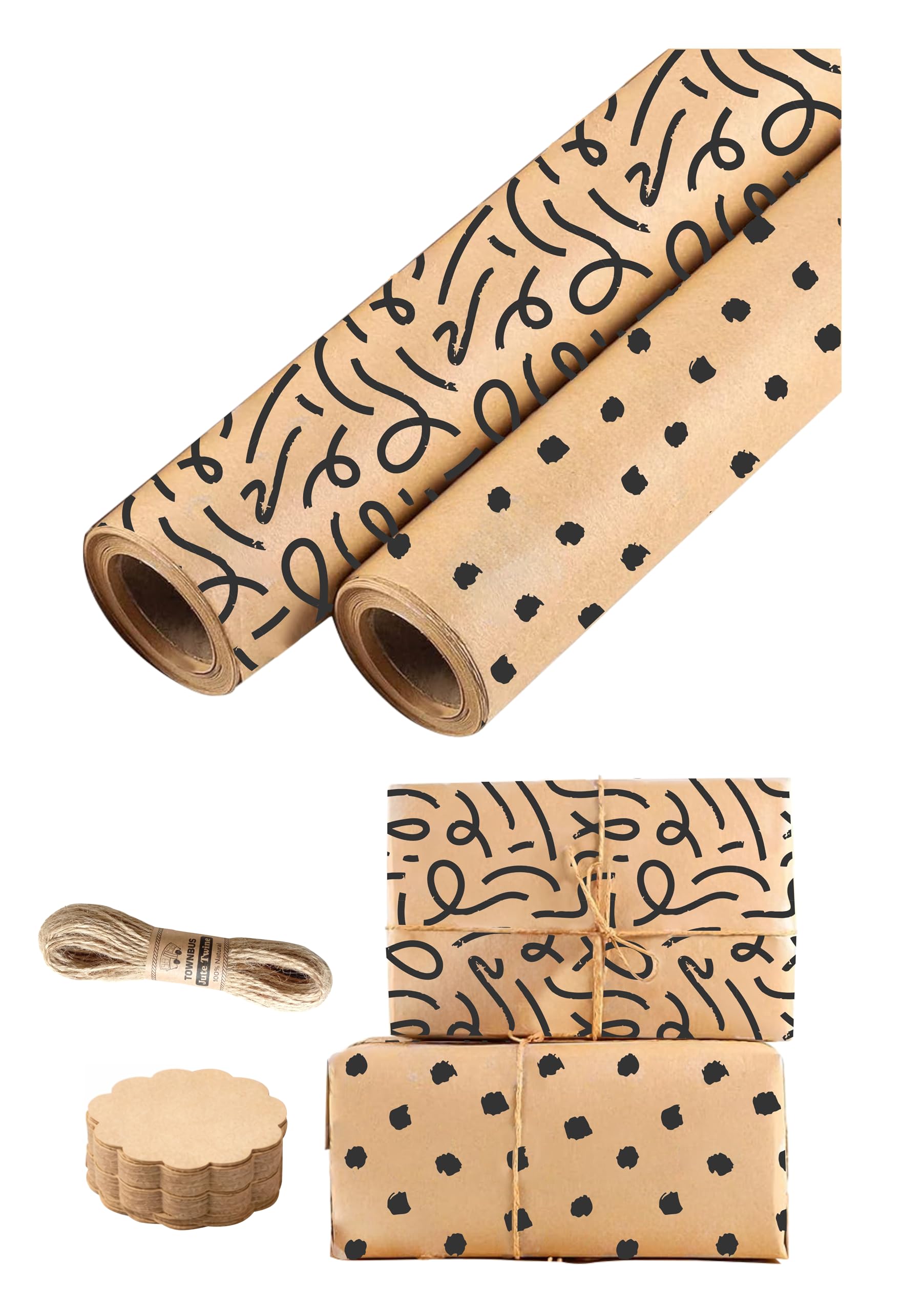 TOWNBUS Kraft Paper Gift Wrapping Pack of 10 (45cm x 60cm, 100 GSM) | Minimal Lines & Black Smudge Dots Print | Includes 10 Tags & Jute Ropes | Ideal for Gift Packing, Bouquet Wrapping & DIY Crafts