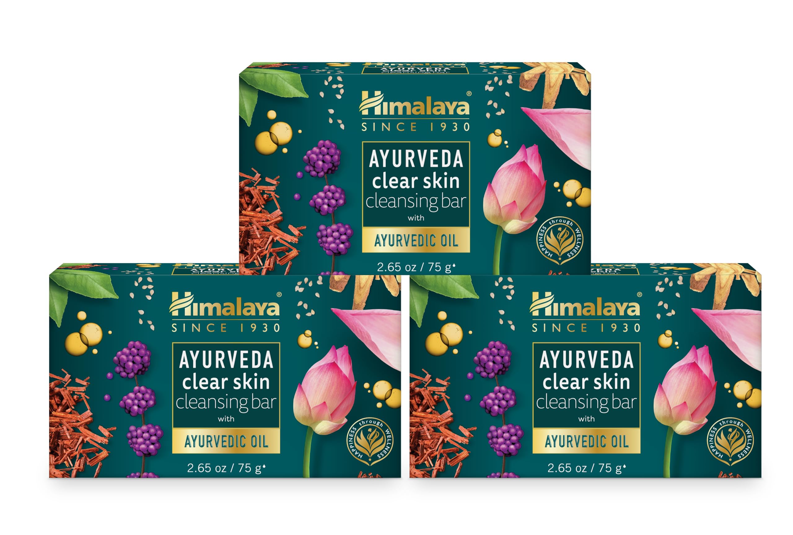 Himalaya Ayurveda Clear Skin Cleansing Bar, with Kanaka Taila, Licorice, Priyangu & Sacred Lotus for Nourishing and Brightening, Herbal-Infused Soap, 2.65 oz (75 g), 3 Pack