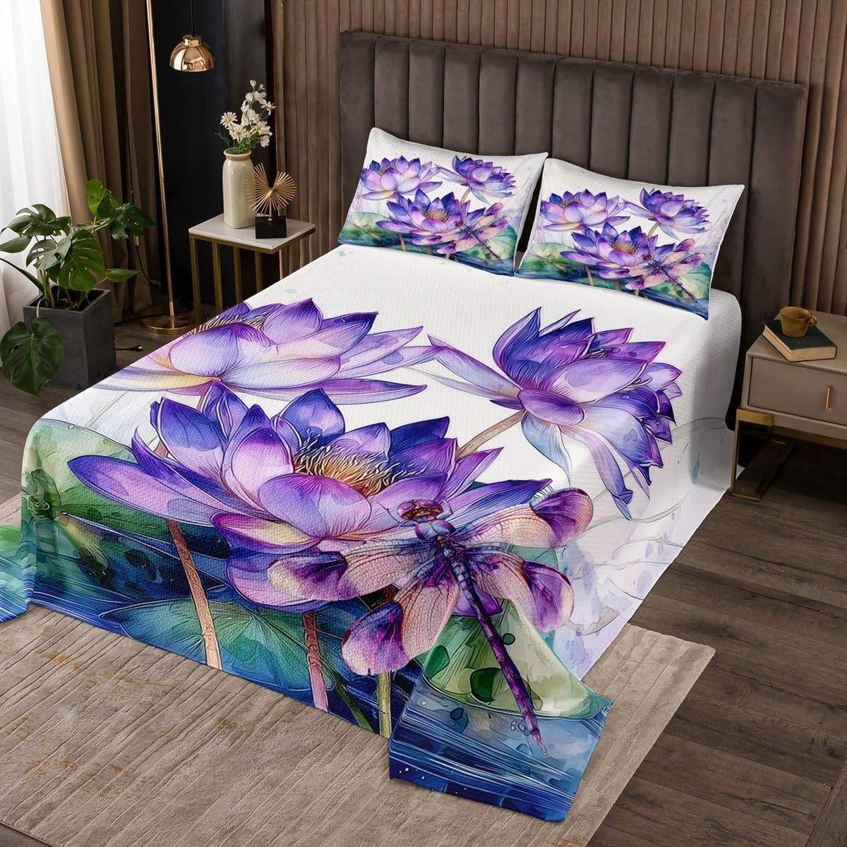 Cute Lotus Bedspread Queen Size,Purple Flower Dragonfly Coverlet Set 3pcs,Watercolor Floral Print Quilted Coverlet with 2 Pillowcases,Kids Boys Room Decor,Soft Bedding Quilt
