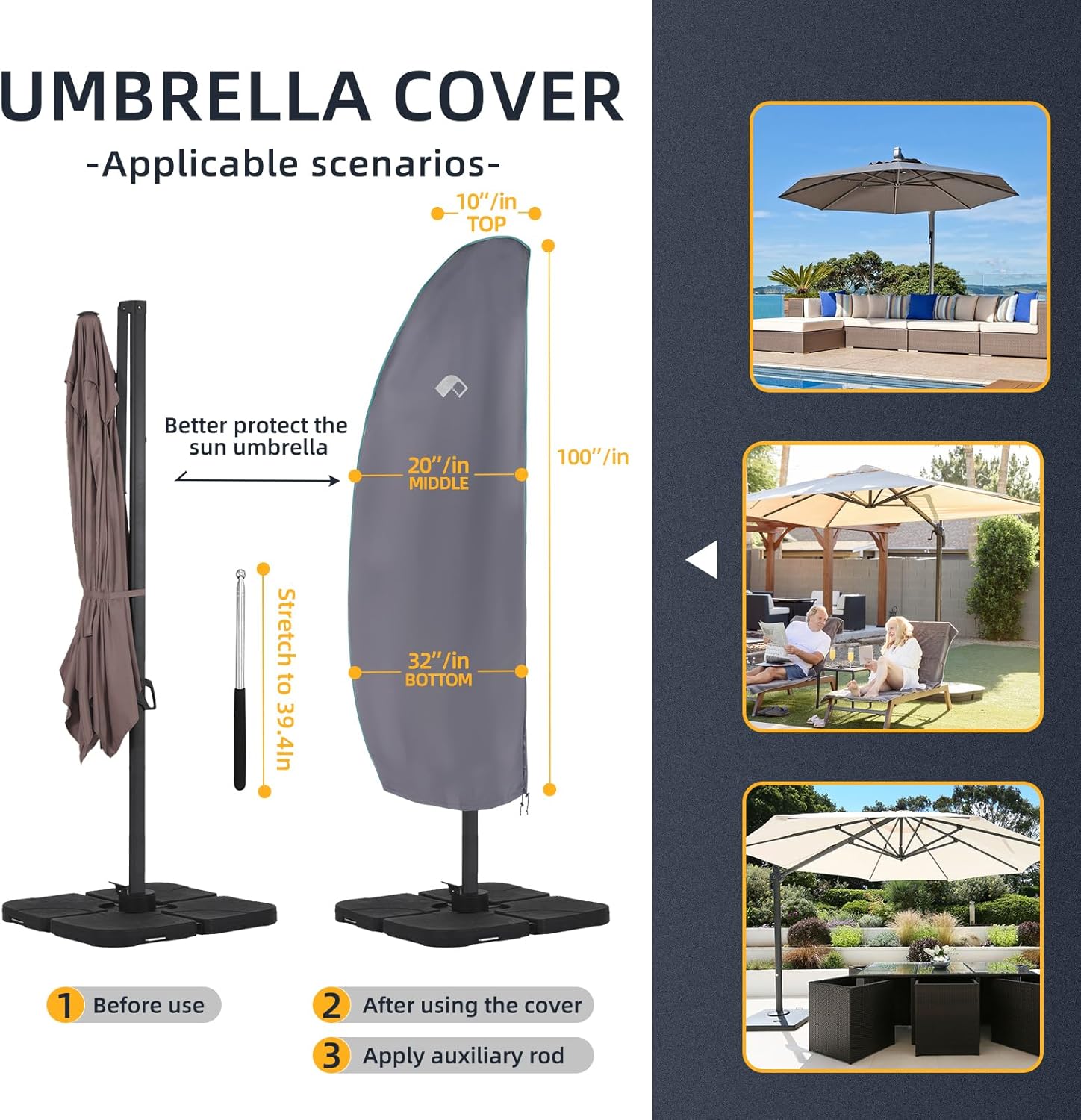 PALON Cantilever Umbrella Cover 12ft to 14ft, Patio Umbrella Cover 420D Oxford Fabric Waterproof and Sun Protection, Offset Umbrella Cover with Telescopic Rod and Zipper, Outdoor Umbrella Covers