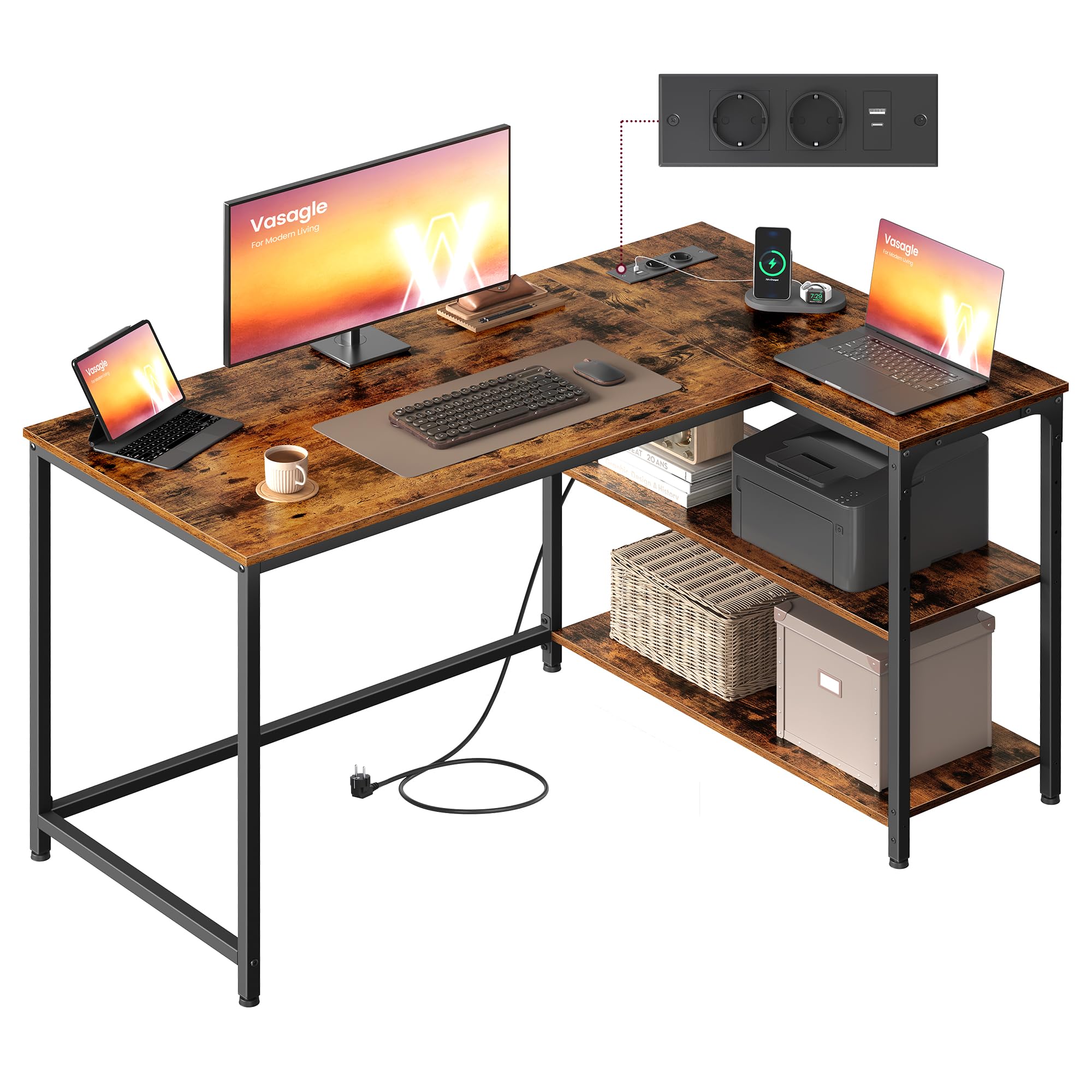 VASAGLE Scrivania a L, Scrivania Angolare per Computer con Prese e Porte USB, Ripiani Regolabili, 120 x 80 cm, per Ufficio in Casa, Marrone Vintage, Collezione BARNET LWD132KD01