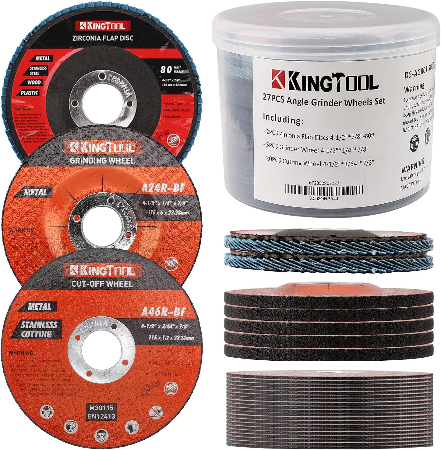 KingTool27pcs Angle Grinder Wheel Set, Grinder Disc Set Includes 20pcs Cutting Wheel, 5pcs Grinding Wheel, 2pcs Flap Discs with 4-1/2" Diameter and 7/8" Arbor for Steel and Stainless Cutting Grinding