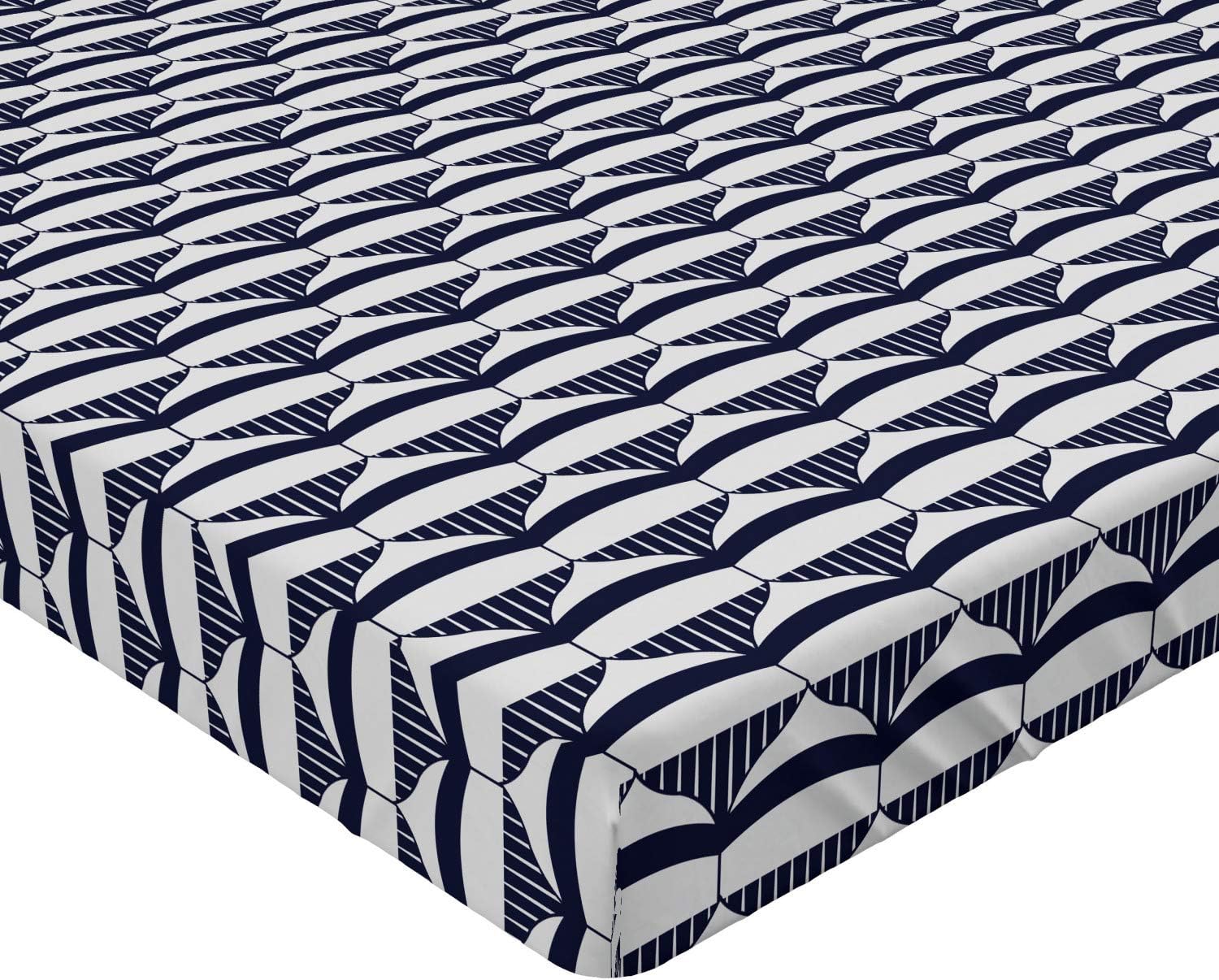 Ambesonne Traditional Fitted Sheet, Chinese Geometry Motif with Curved Forms Stripes Far Eastern Abstract, Bed Cover with All-Round Elastic Deep Pocket for Comfort, King Size, Dark Indigo White